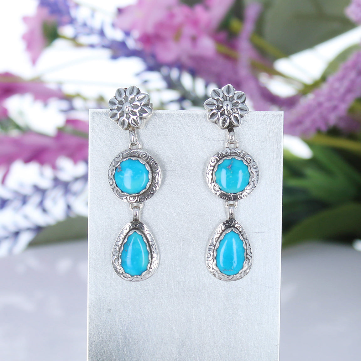 Blue Ridge Turquoise Earrings 2 Stone Deep Sky Blue Spiral Design Sterling