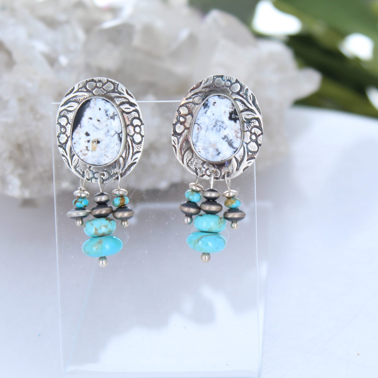 Dramatic White Buffalo and #8 mine Turquoise Earrings Patterned Sterling