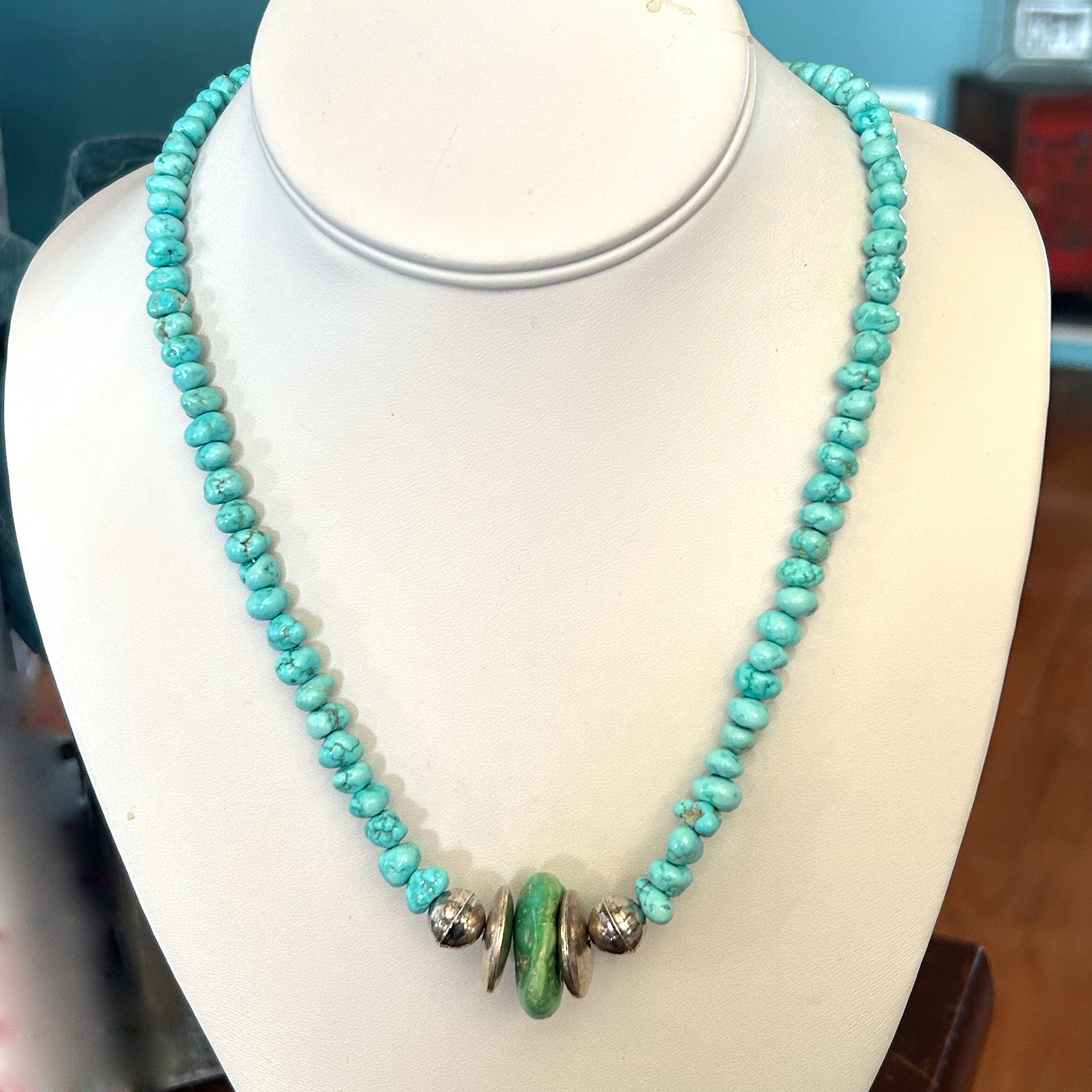 Lone Mountain Turquoise Necklace Sterling Bench Made Beads Southwest Style 21"