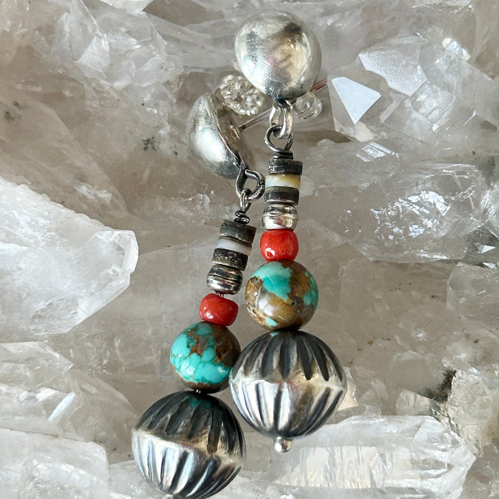 Navajo Hand Made Melon Beads and Carico Lake Turquoise Earrings Sterling