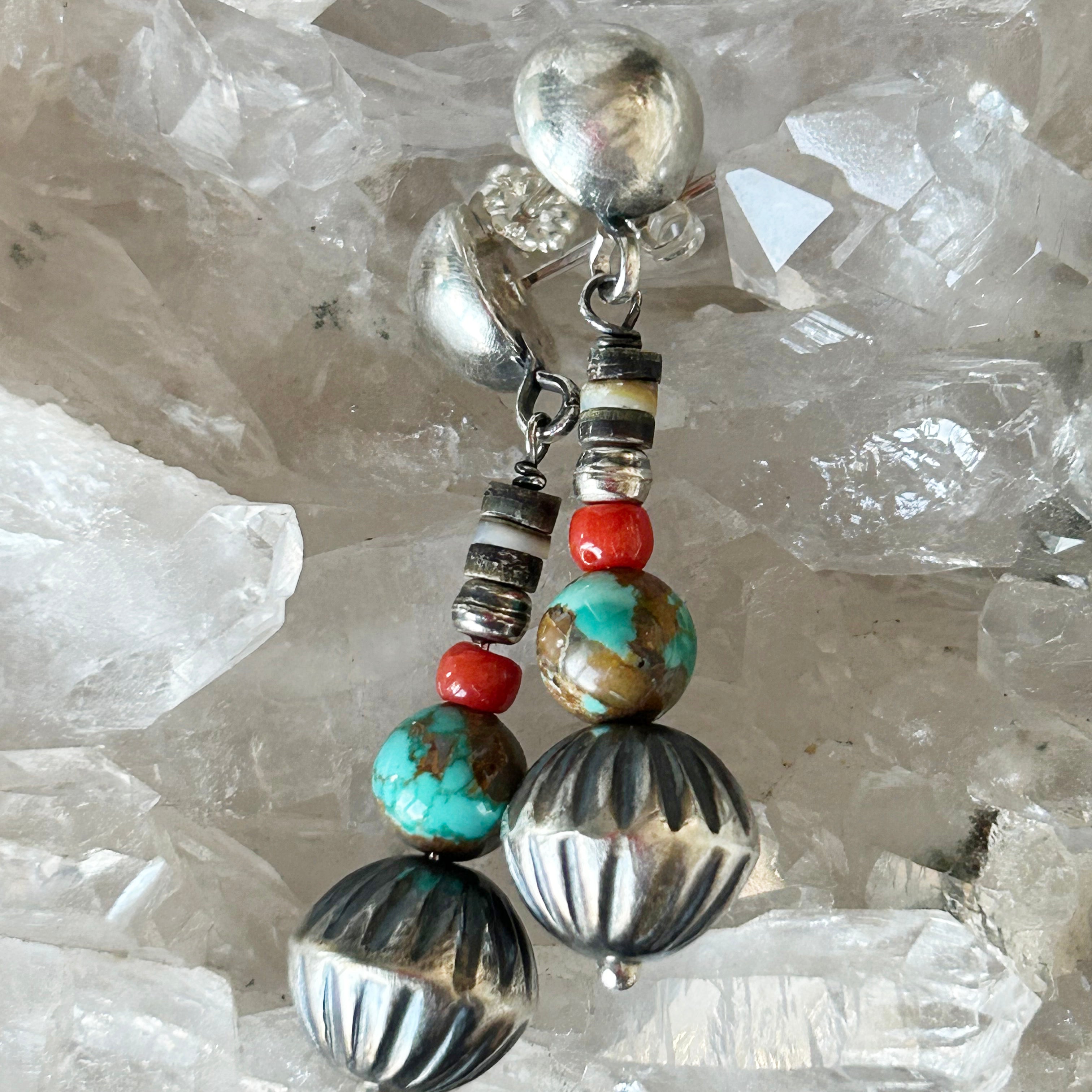 Navajo Hand Made Melon Beads and Carico Lake Turquoise Earrings Sterling