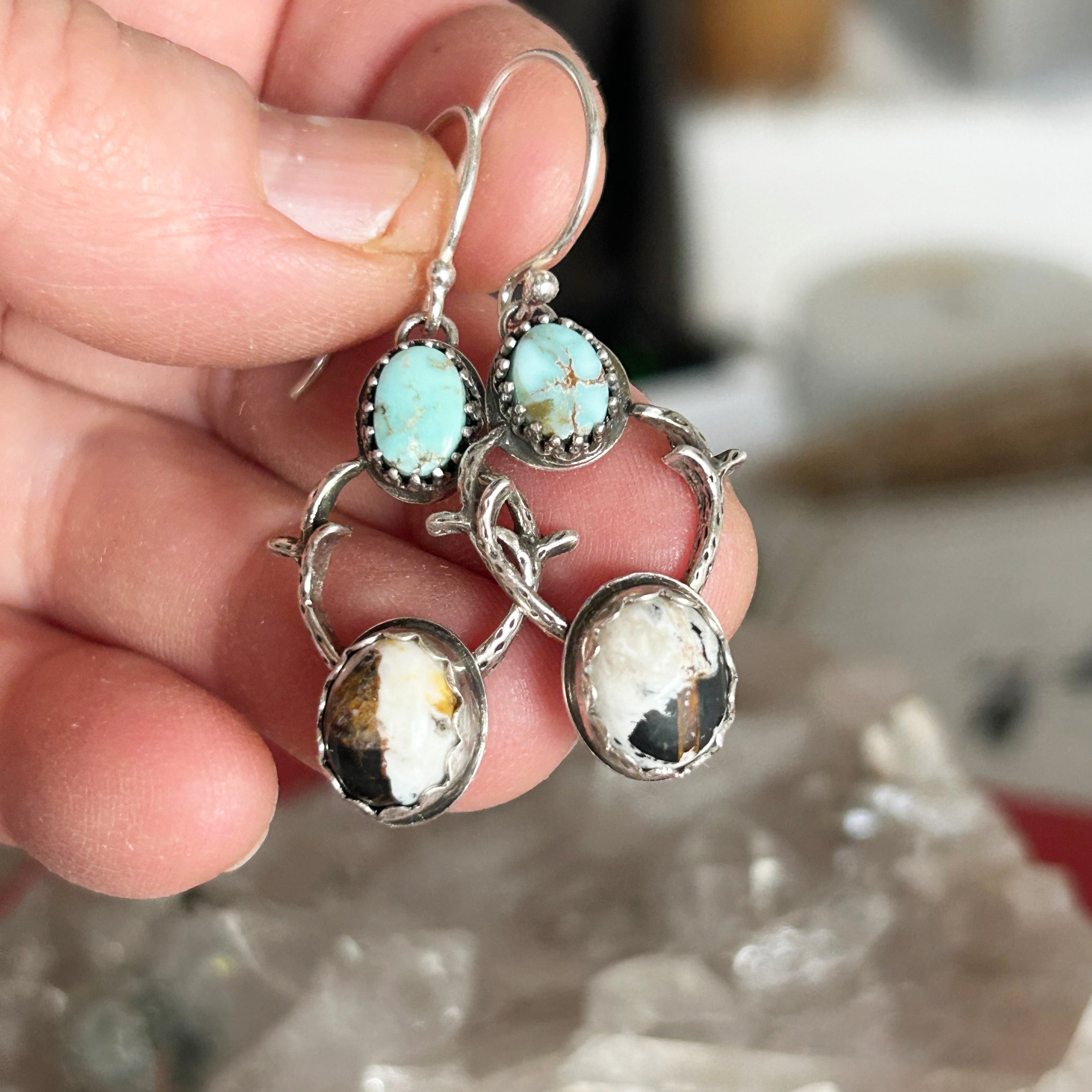 White Buffalo and Dry Creek Turquoise Earrings Sterling Silver Deer with Antlers