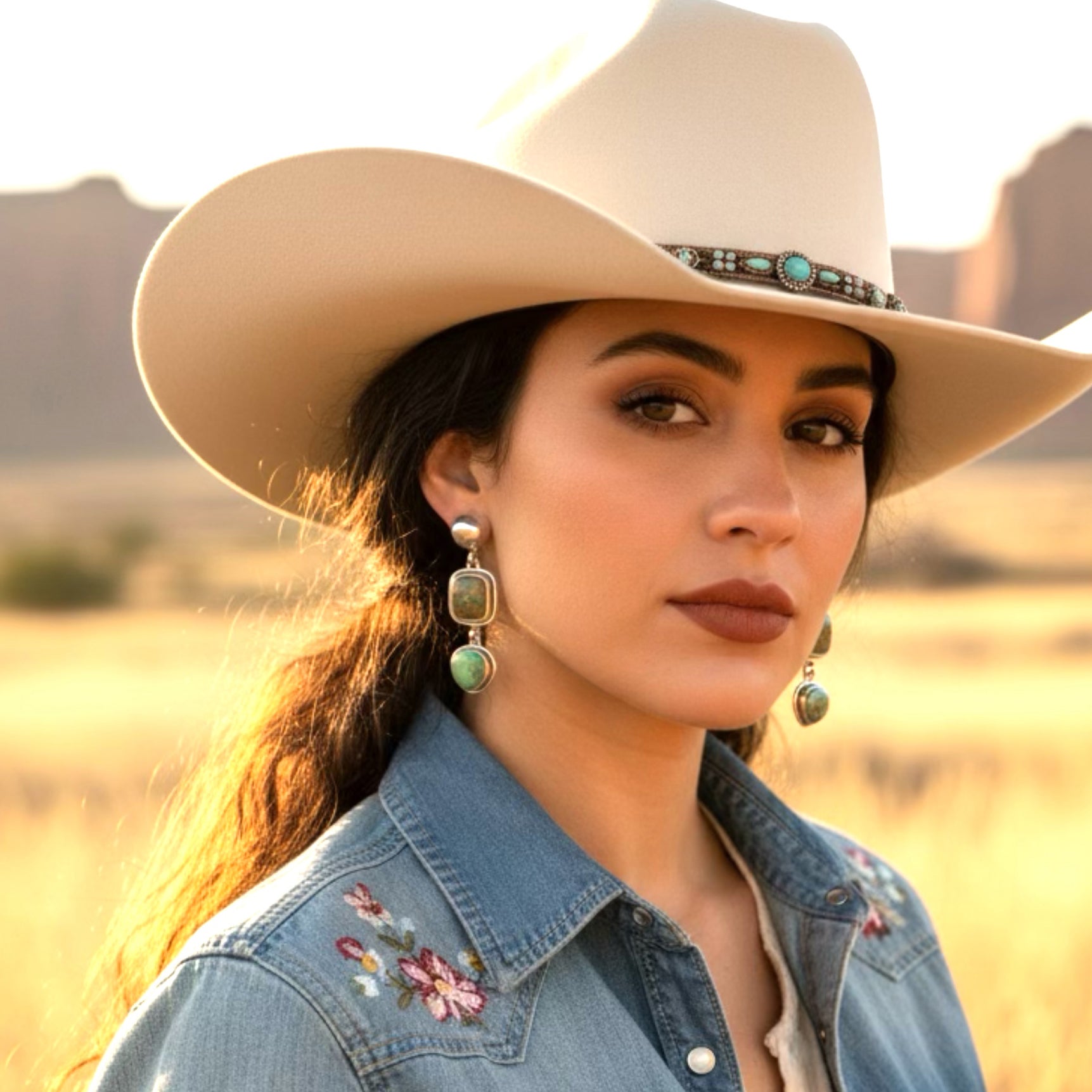 Carico Lake Turquoise Earrings 2 Stone Shades of Greens Sterling