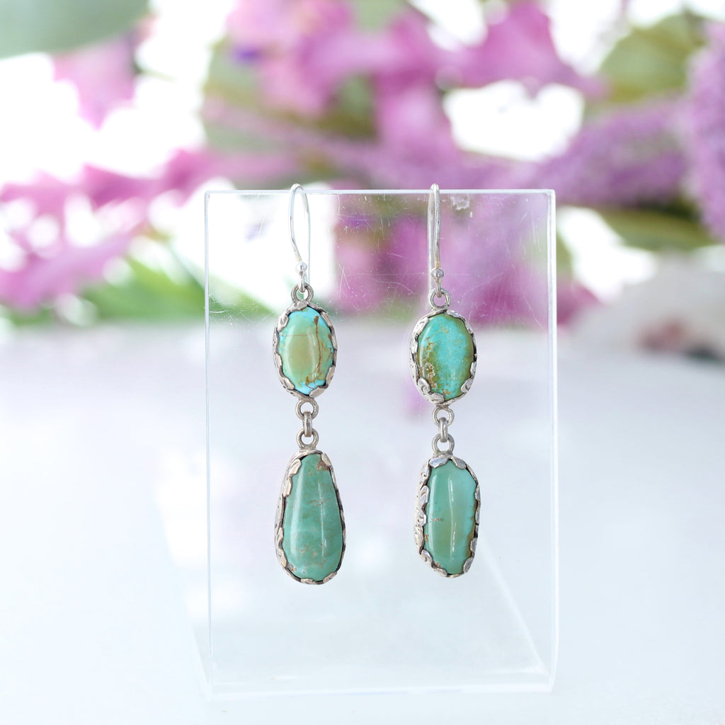 Beautiful Hubei Turquoise Earrings 2 Stone Green Blue Sterling