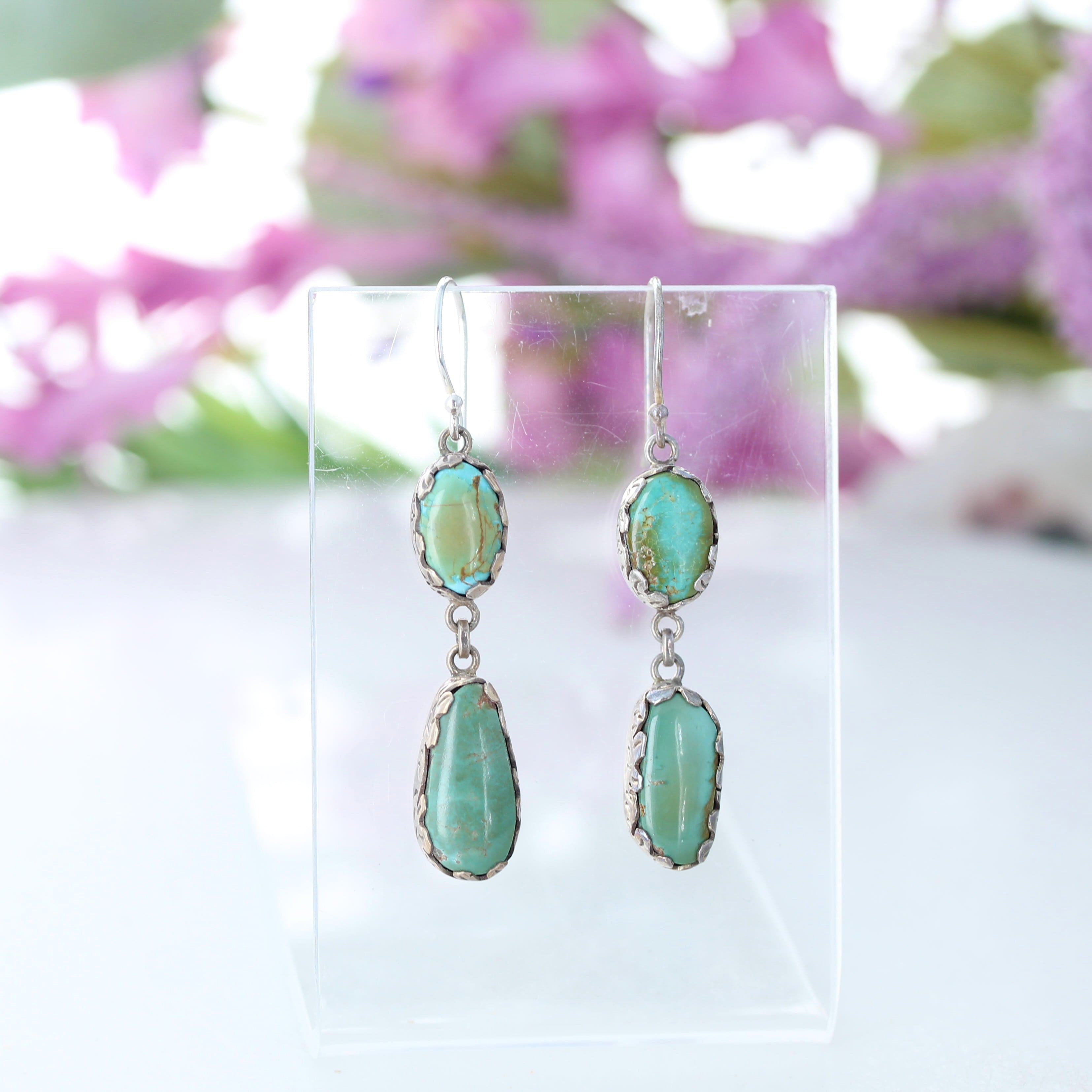 Beautiful Hubei Turquoise Earrings 2 Stone Green Blue Sterling