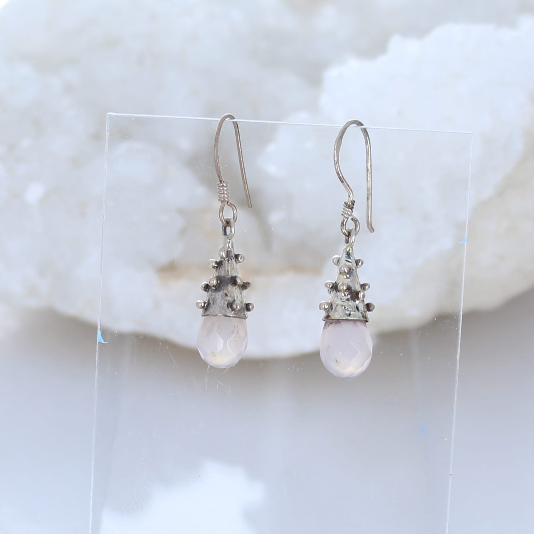 Pink Chalcedony Earrings Faceted Teardrops Sterling Silver -NewWorldGems