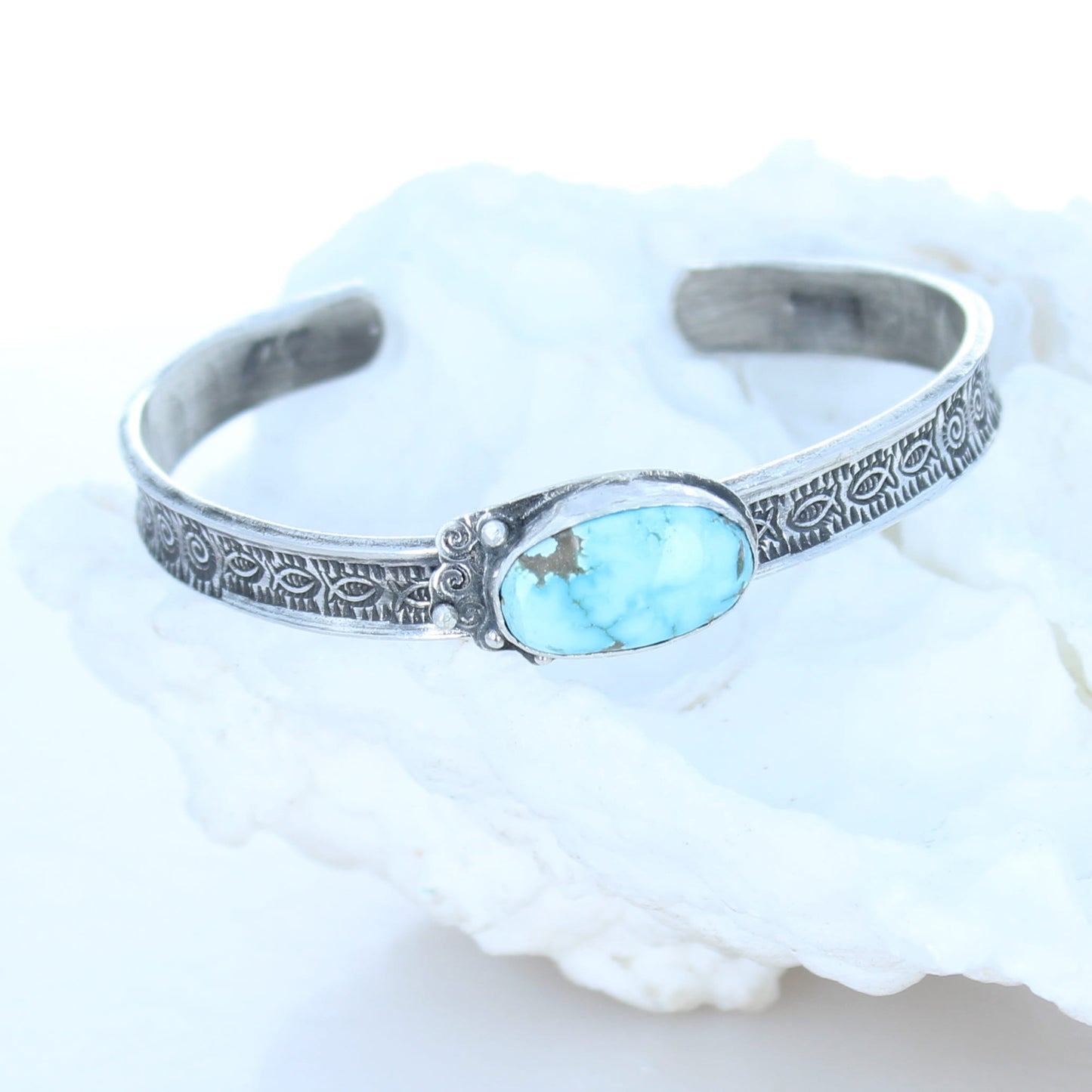 Rare Dry Creek Turquoise Bracelet Sterling Cuff Spiral Design