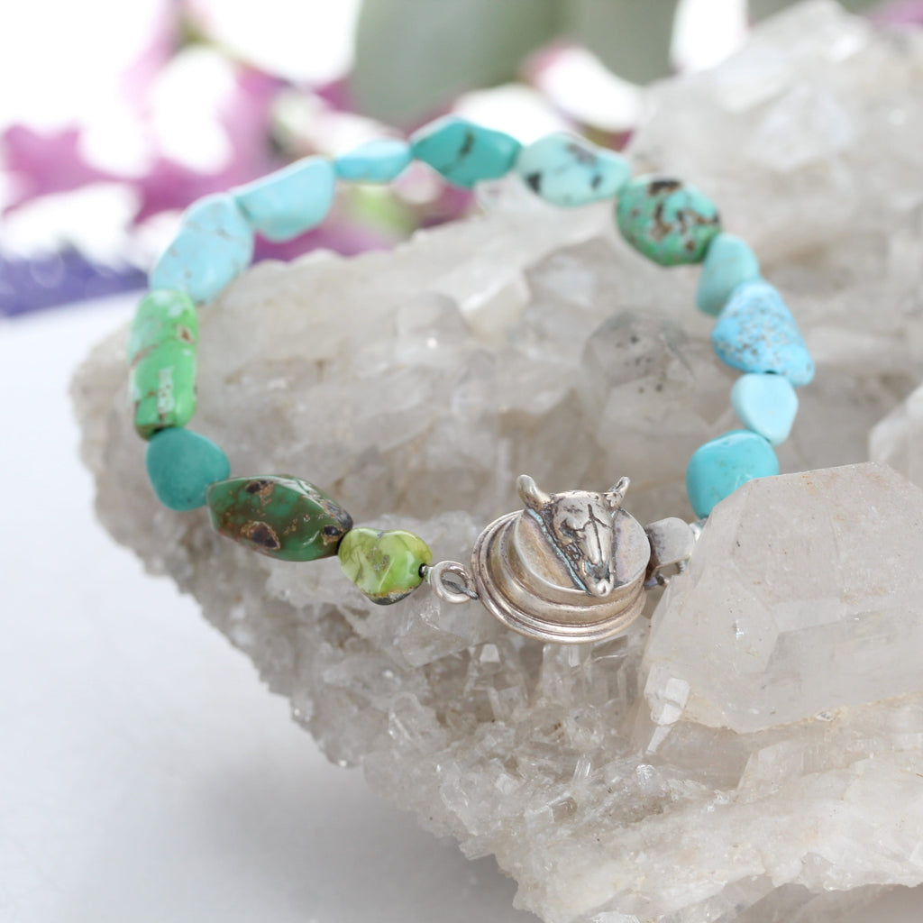 AAA Carico Lake Turquoise Bracelet Sterling Silver Cow Skull NewWorldGems