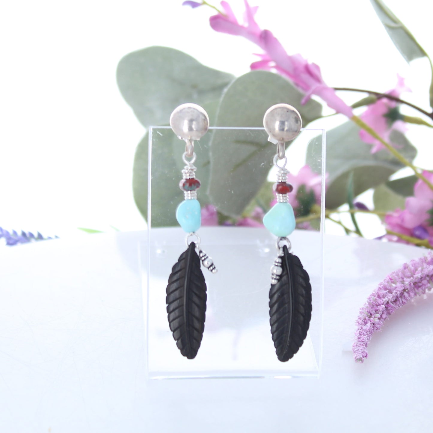 Beautiful Jet Lone Mountain Turquoise Earrings Hand Carved Feathers
