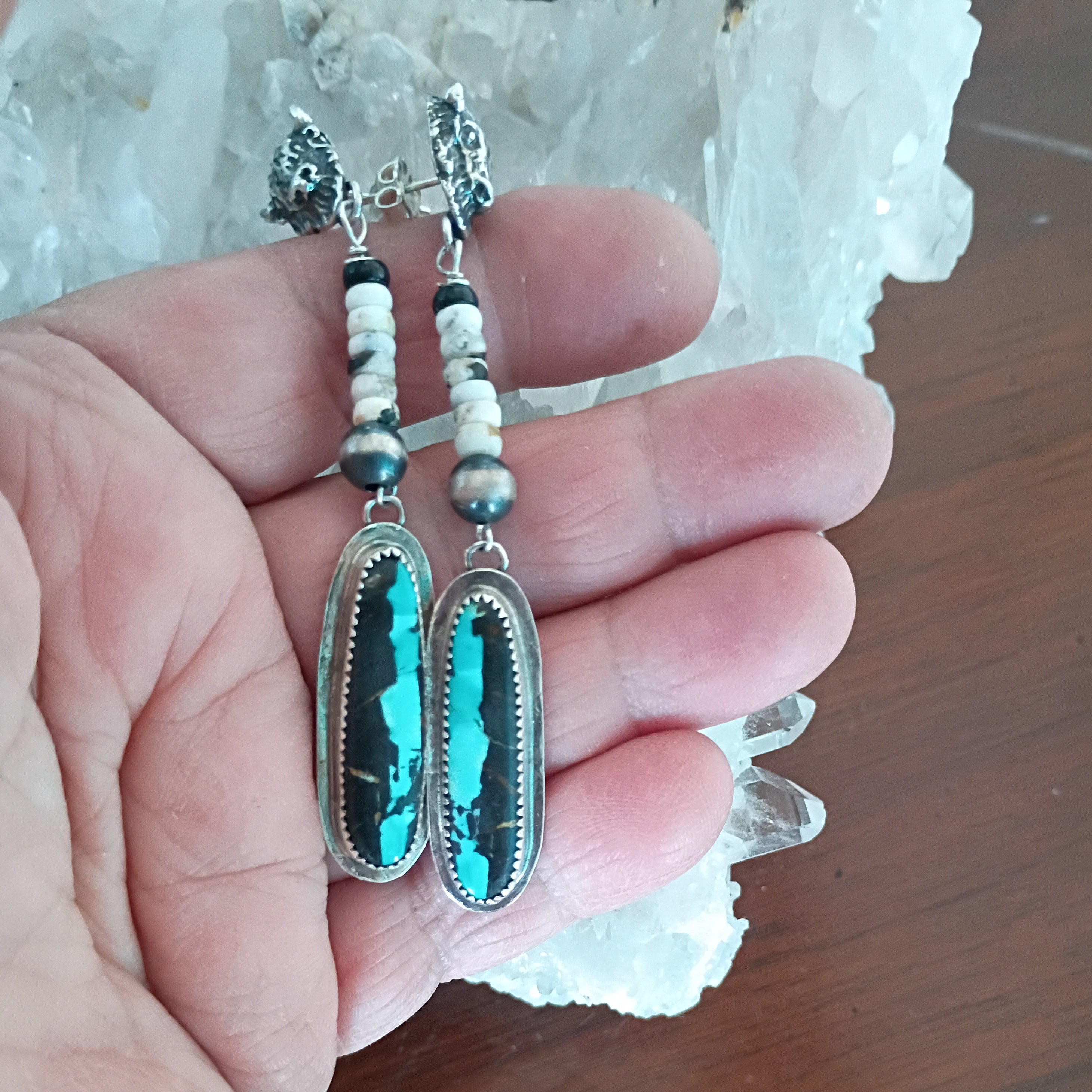 AAA Black Jack and White Buffalo Turquoise Earrings Buffalo Head Sterling
