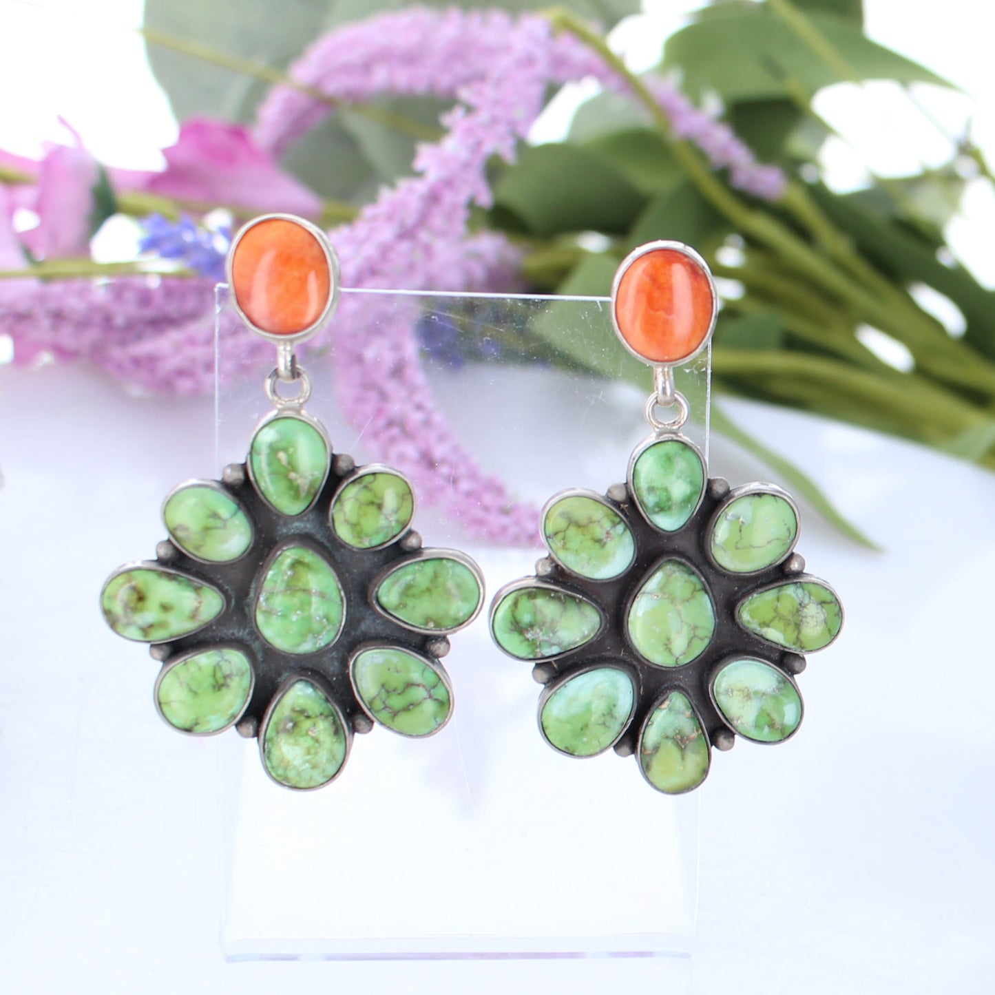 Emerald Valley Turquoise Flower Earrings Sterling Southwest 9 Stones