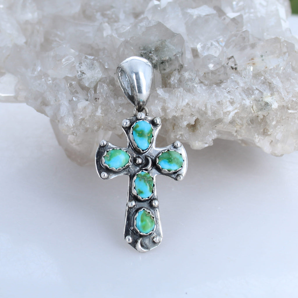 Sonoran Mountain Blue Green Turquoise Cross Pendant Sterling Silver Moons
