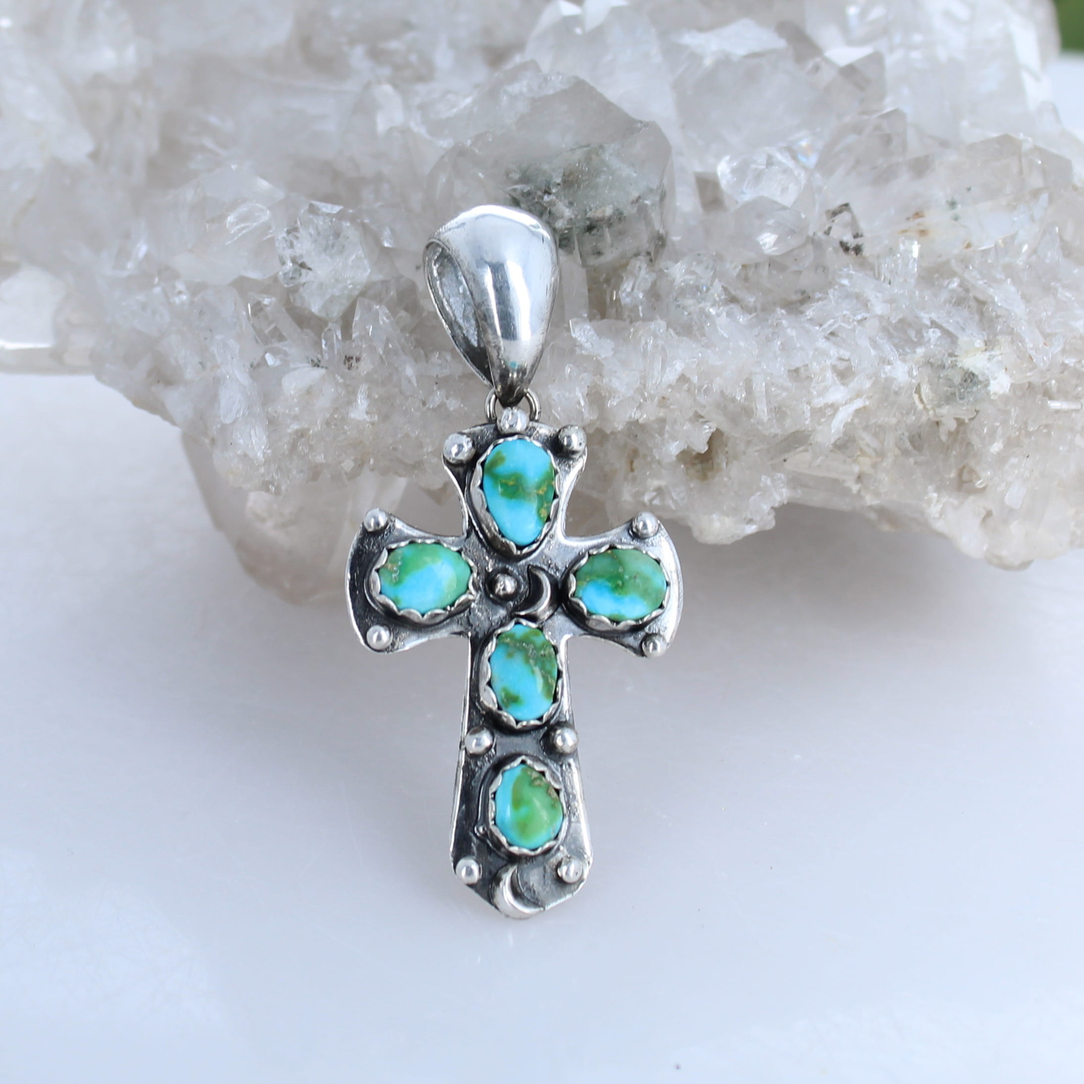Sonoran Mountain Blue Green Turquoise Cross Pendant Sterling Silver Moons