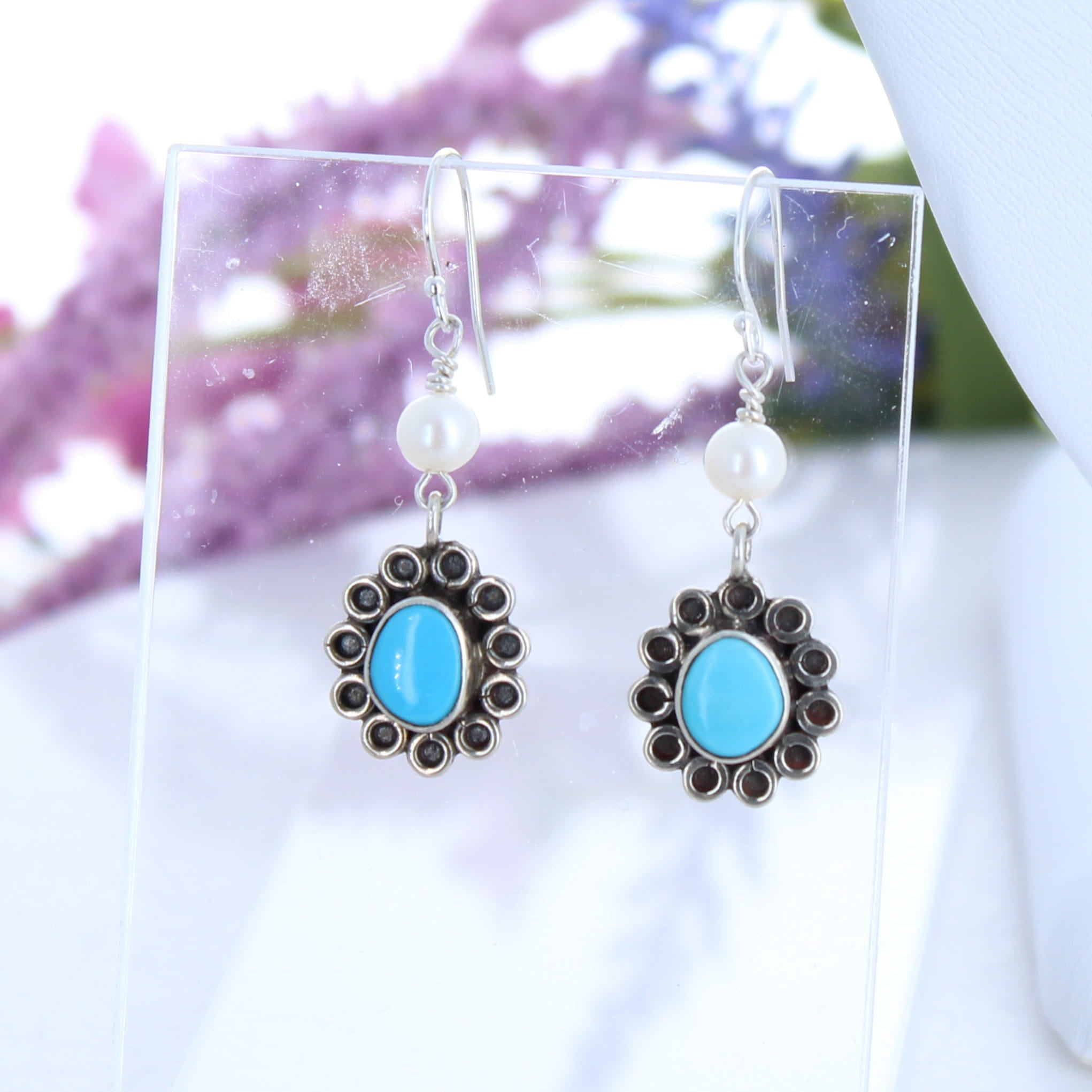 Sleeping Beauty Turquoise and Pearl Flower Earrings Sterling