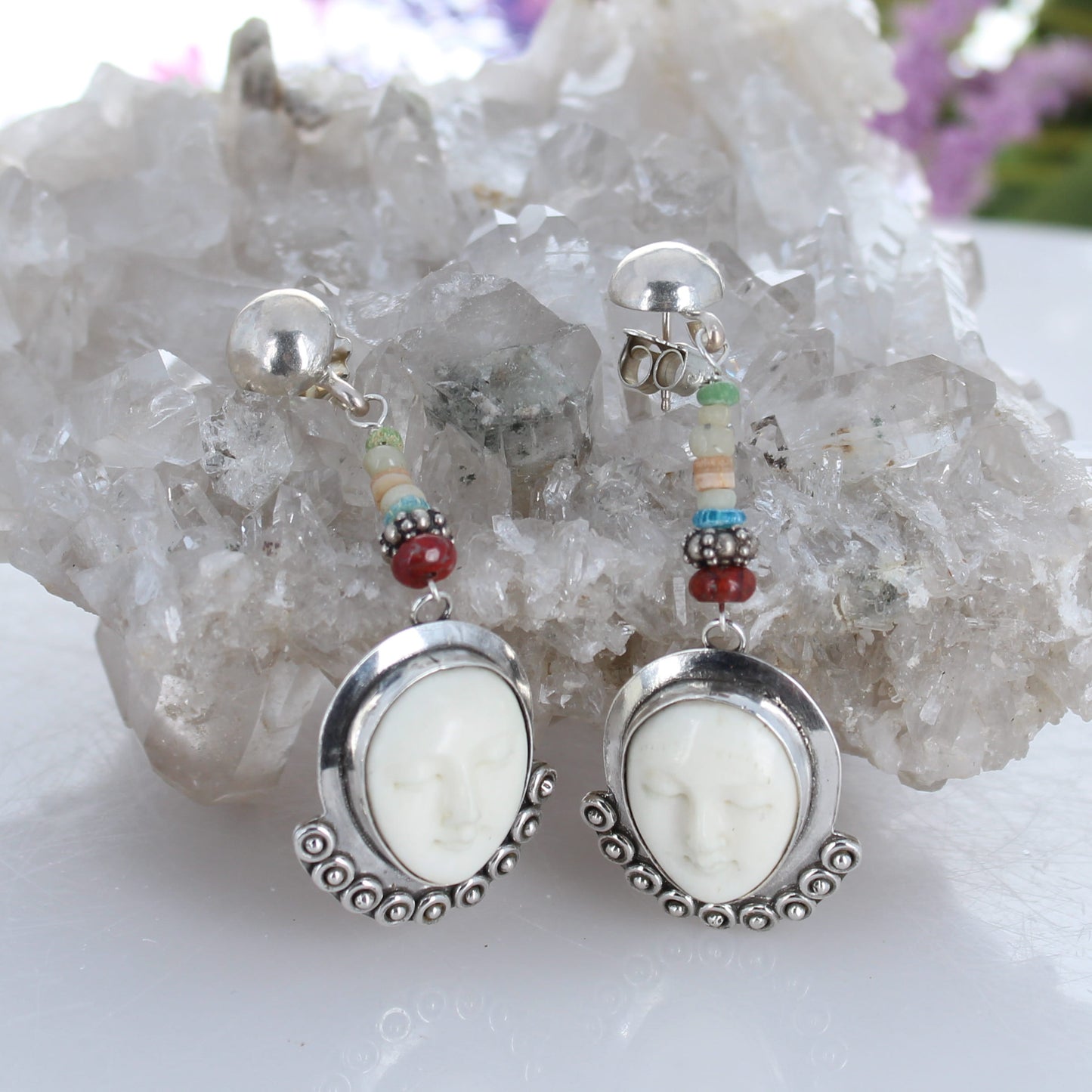 Sterling Silver Moon Face Goddess Earrings Ancient Glass Beads