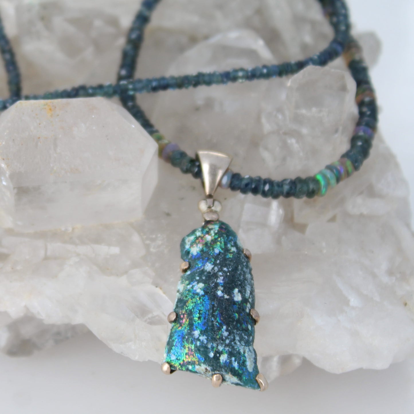 Ancient Roman Glass, Midnight Sapphire And Ethiopian Opal Necklace