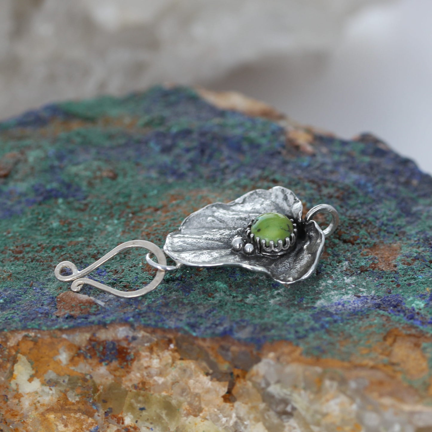 Large Sterling Silver Leaf with Green Sonoran Gold Turquoise Clasp