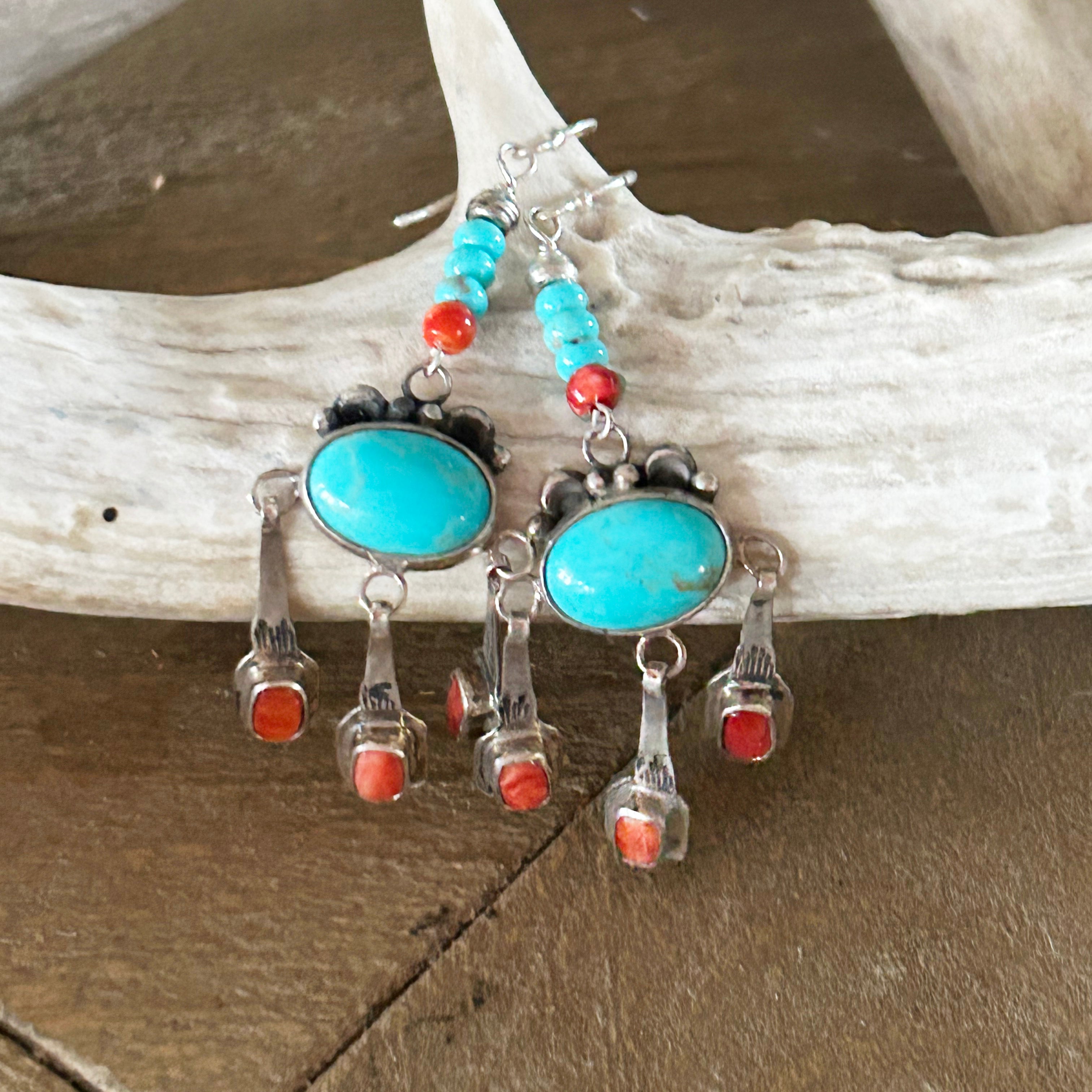 Blue Kingman Turquoise with Spiny Oyster Boho Dangle Earrings Sterling 3"