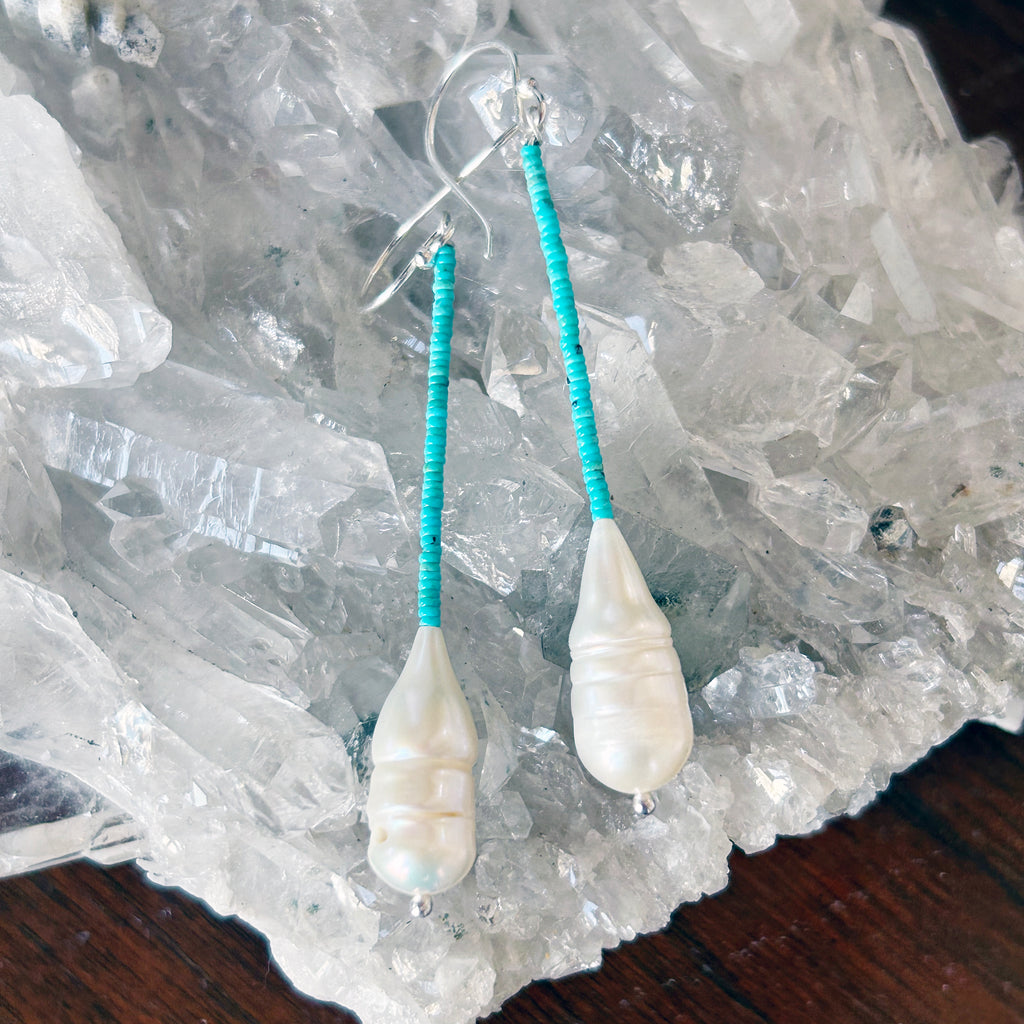 Tiny Kingman Turquoise and Large Pearl Earrings Sterling Silver 3"