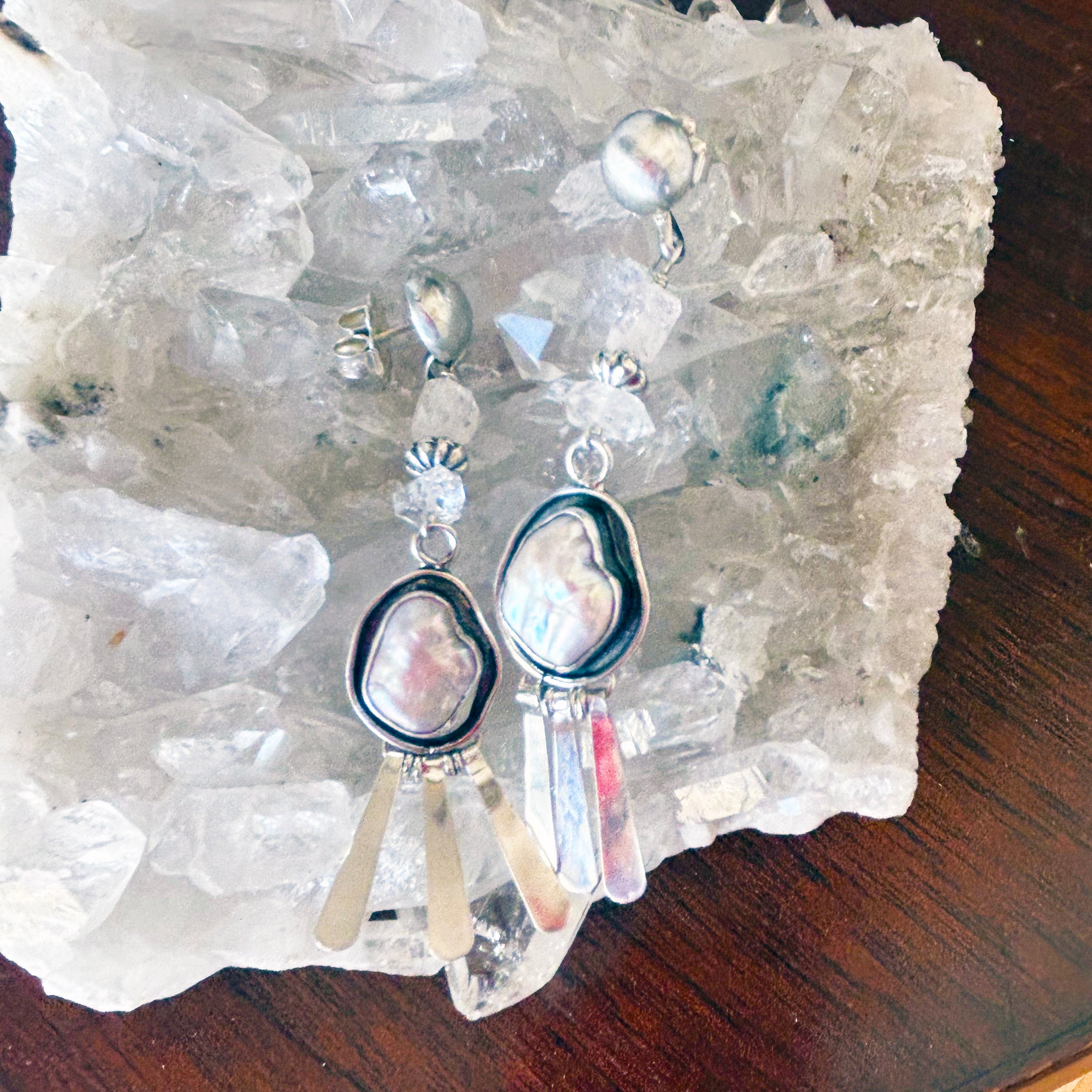 Pearl and Faceted Pink Morganite and Herkimer Diamond Earrings Sterling Dangle Posts