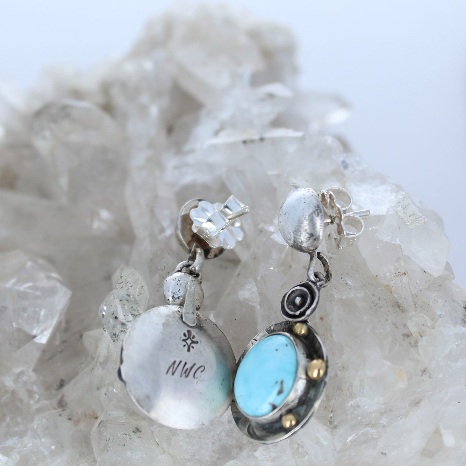 Ethereal Dry Creek Turquoise Earrings 18K Gold and Sterling Silver -NewWorldGems