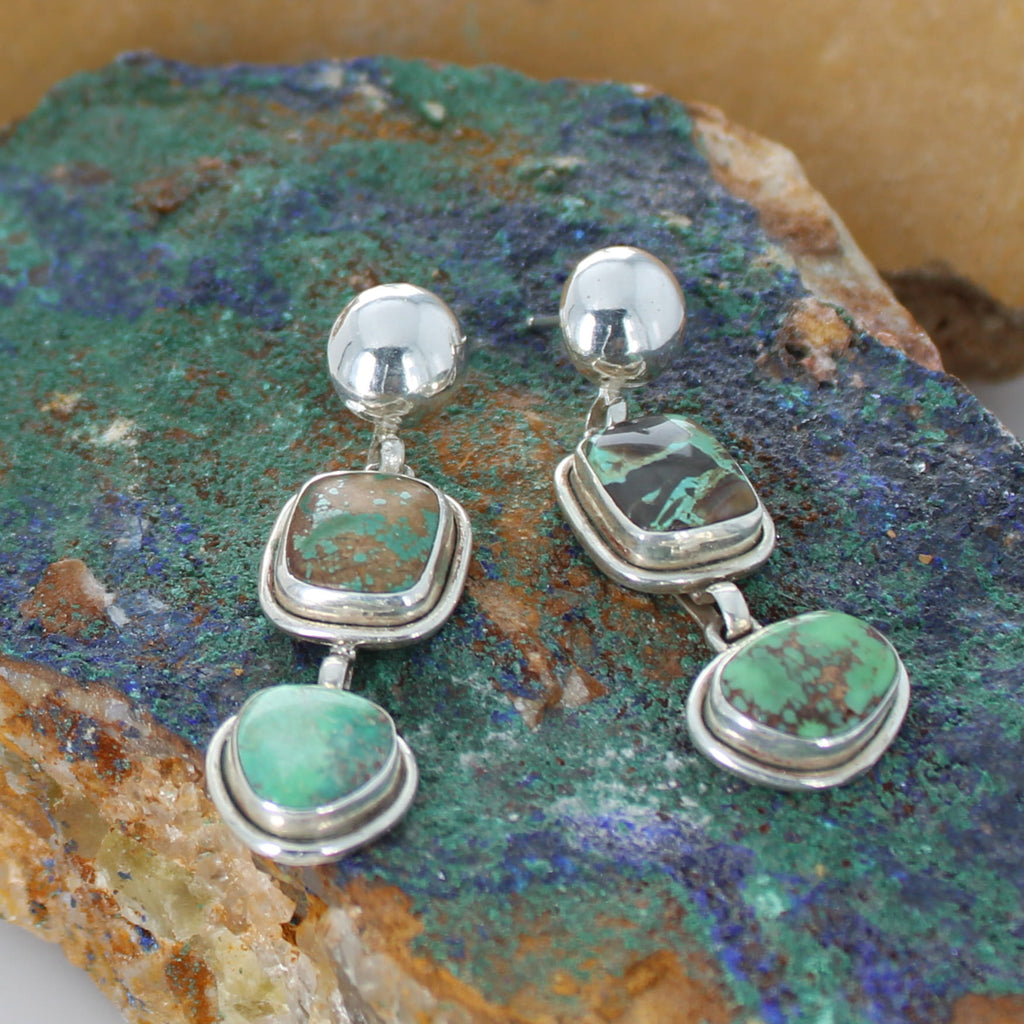 Carico Lake Turquoise Earrings 2 Stone Shades of Greens Sterling