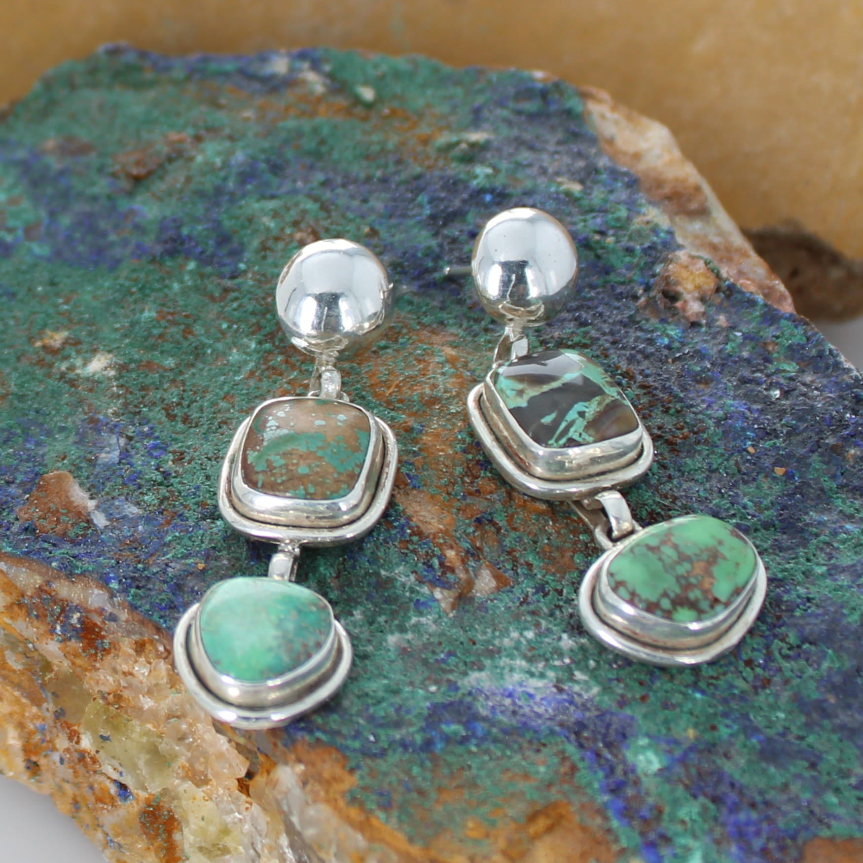Carico Lake Turquoise Earrings 2 Stone Shades of Greens Sterling