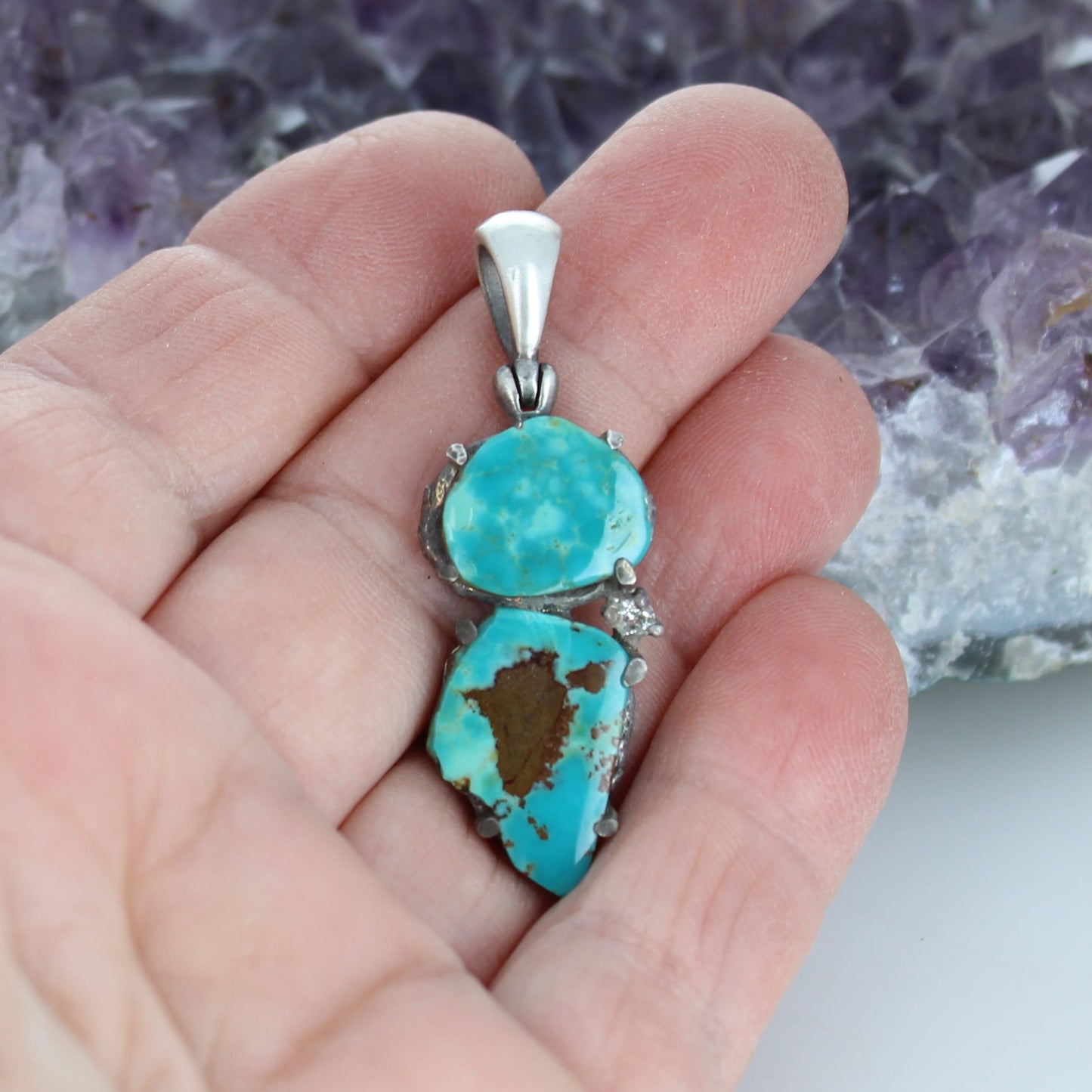 Vibrant 2 Stone Mexican Turquoise Pendant Sterling -NewWorldGems