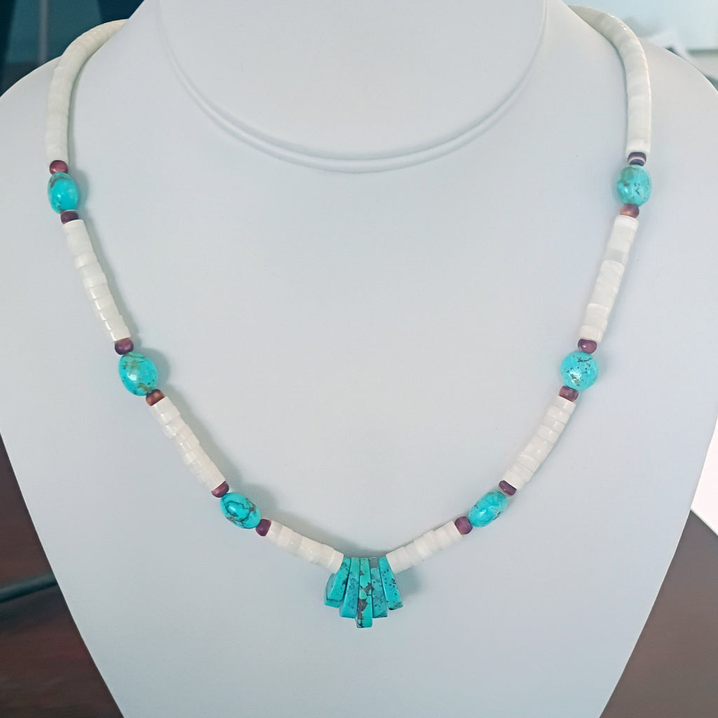 White Spiny Oyster and Blue Turquoise Necklace Sterling Silver 19.5"