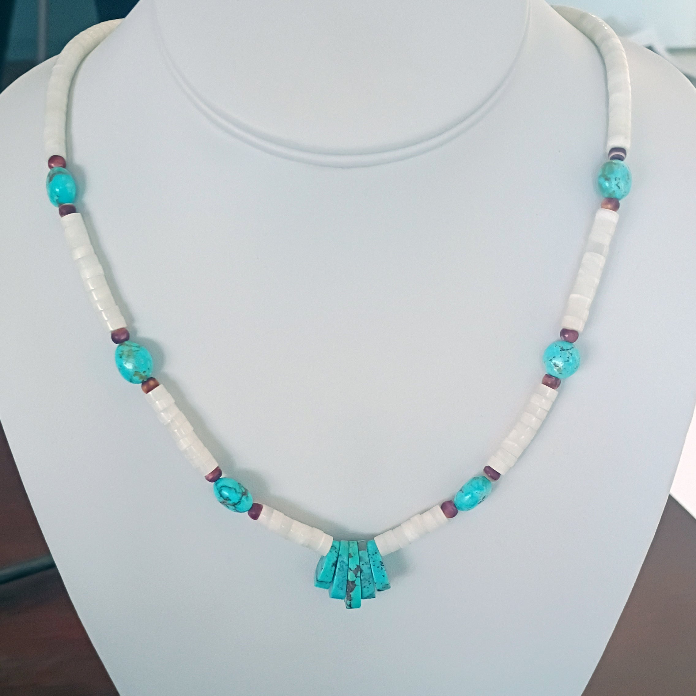 White Spiny Oyster and Blue Turquoise Necklace Sterling Silver 19.5"
