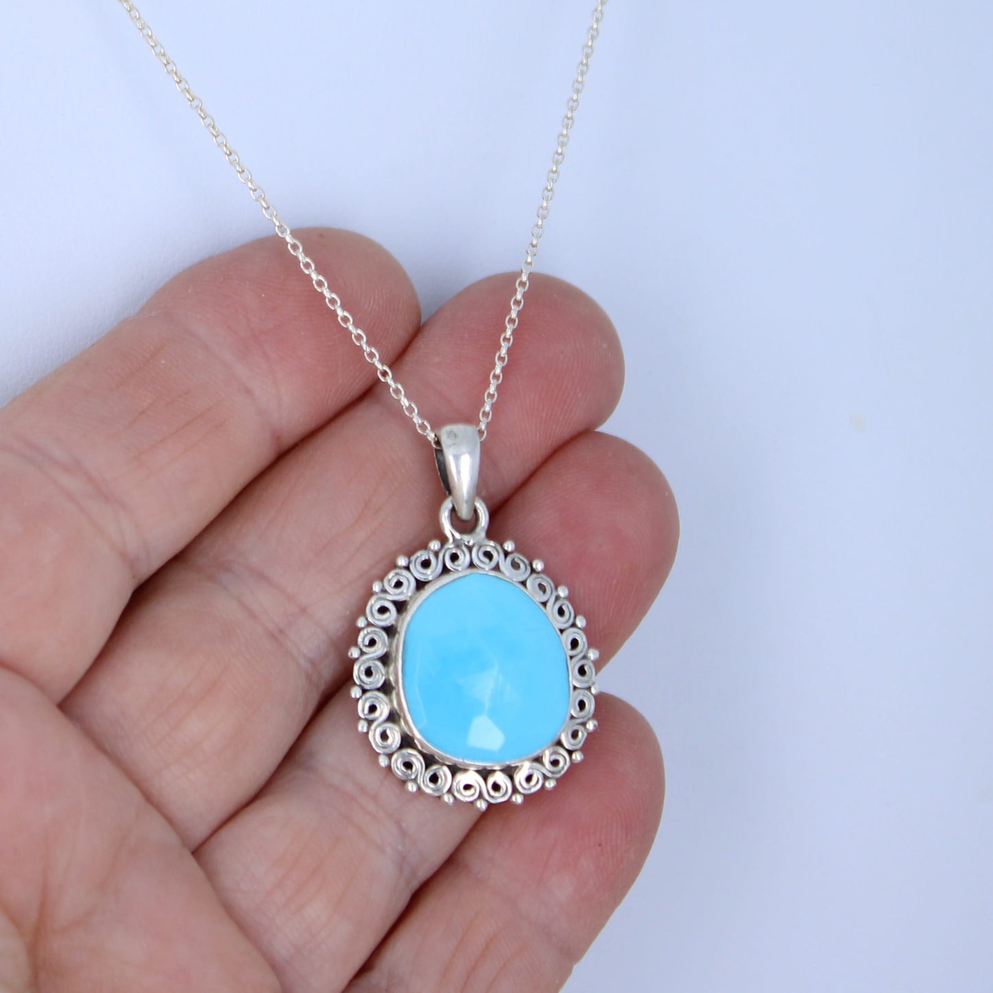 AAA Faceted Kingman Turquoise Pendant Necklace Sterling Silver