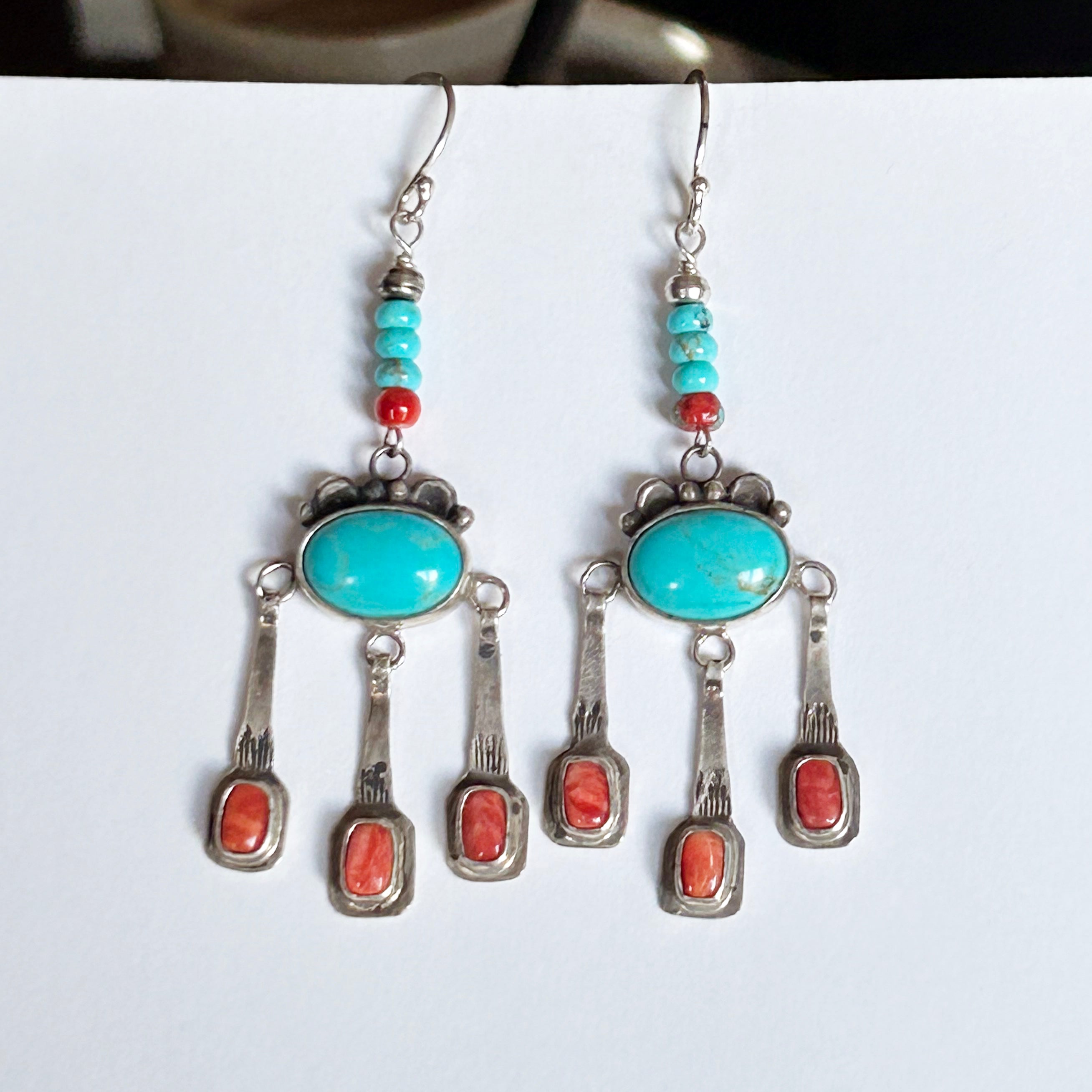 Blue Kingman Turquoise with Spiny Oyster Boho Dangle Earrings Sterling 3"