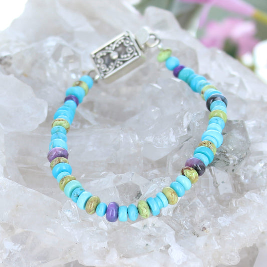 Sleeping Beauty Turquoise Gaspeite Sugilite Beads Bracelet Sterling Silver