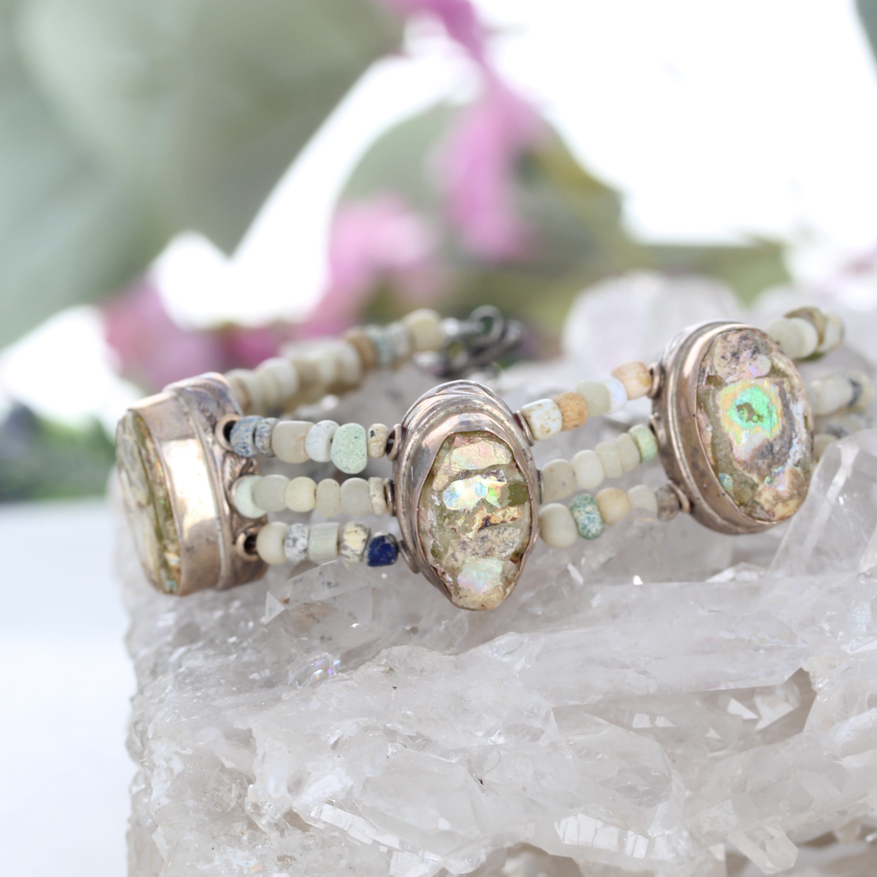 Antique Roman Glass Bracelet 3 Strand Beauty Sterling Silver