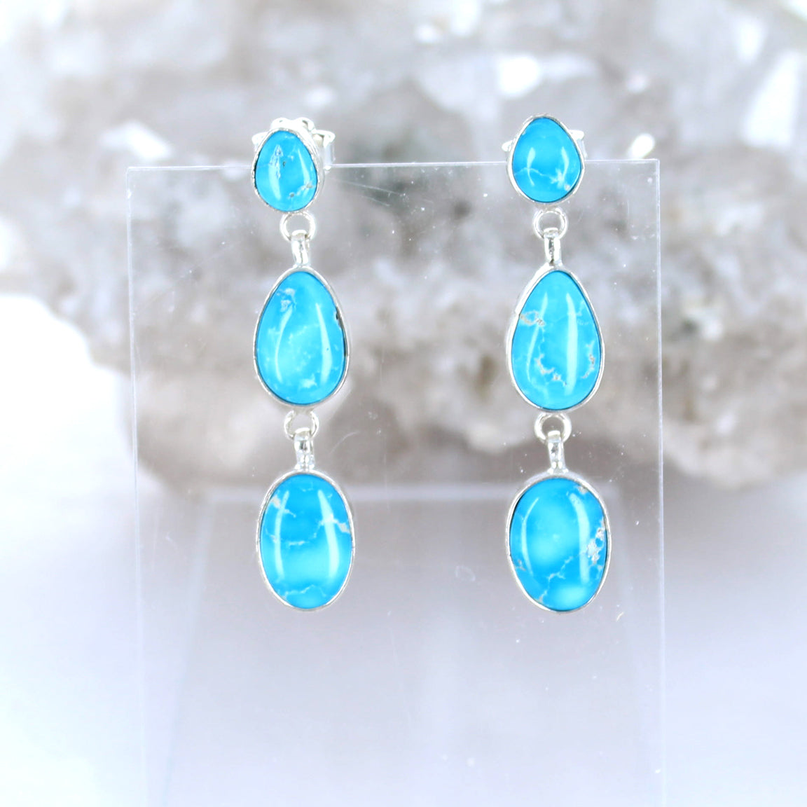 Stunning Blue Bird Turquoise Earrings 3 Stone Sky Blue Sterling
