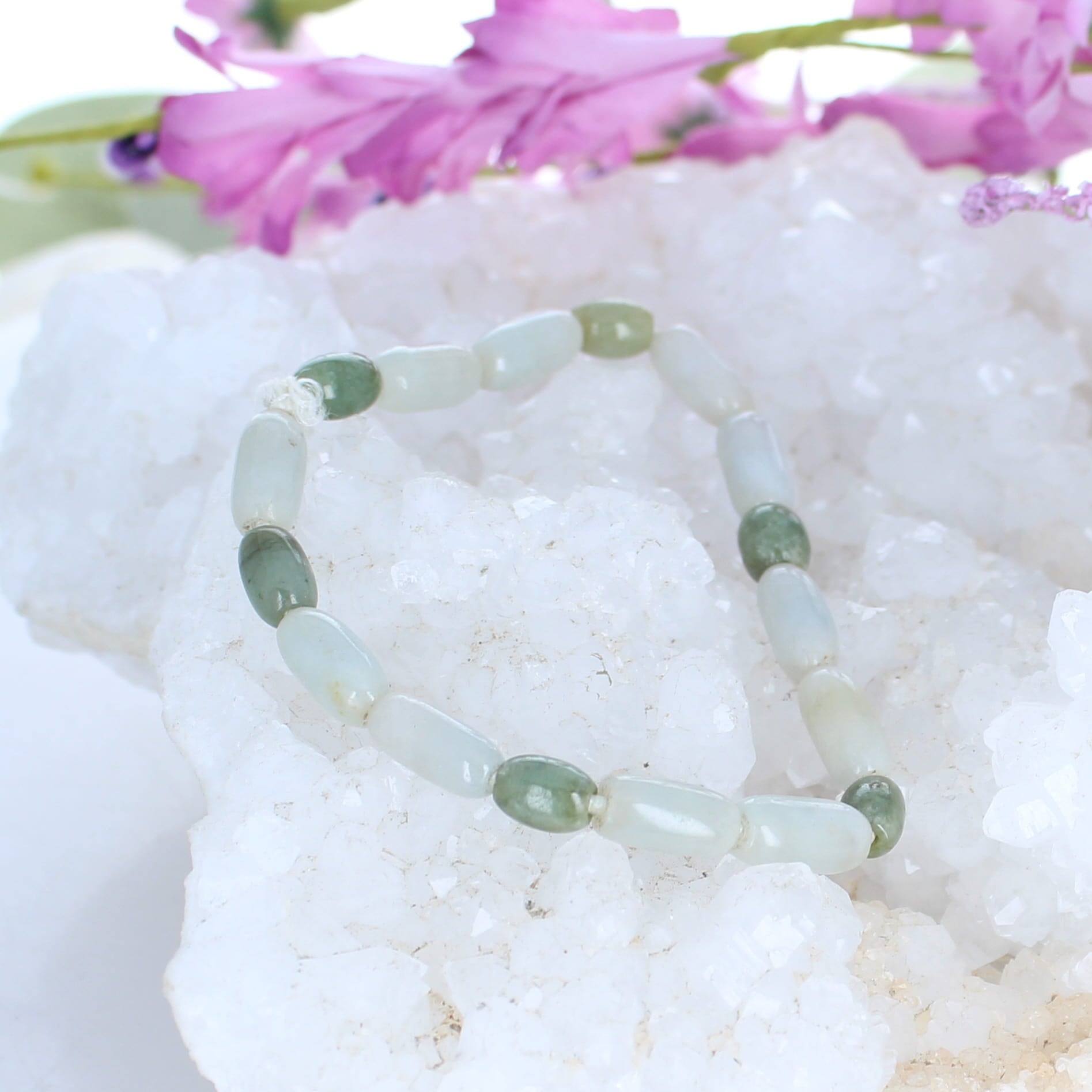 Gorgeous Jade Barrel Beads Celadon Blue Green Bracelet -NewWorldGems