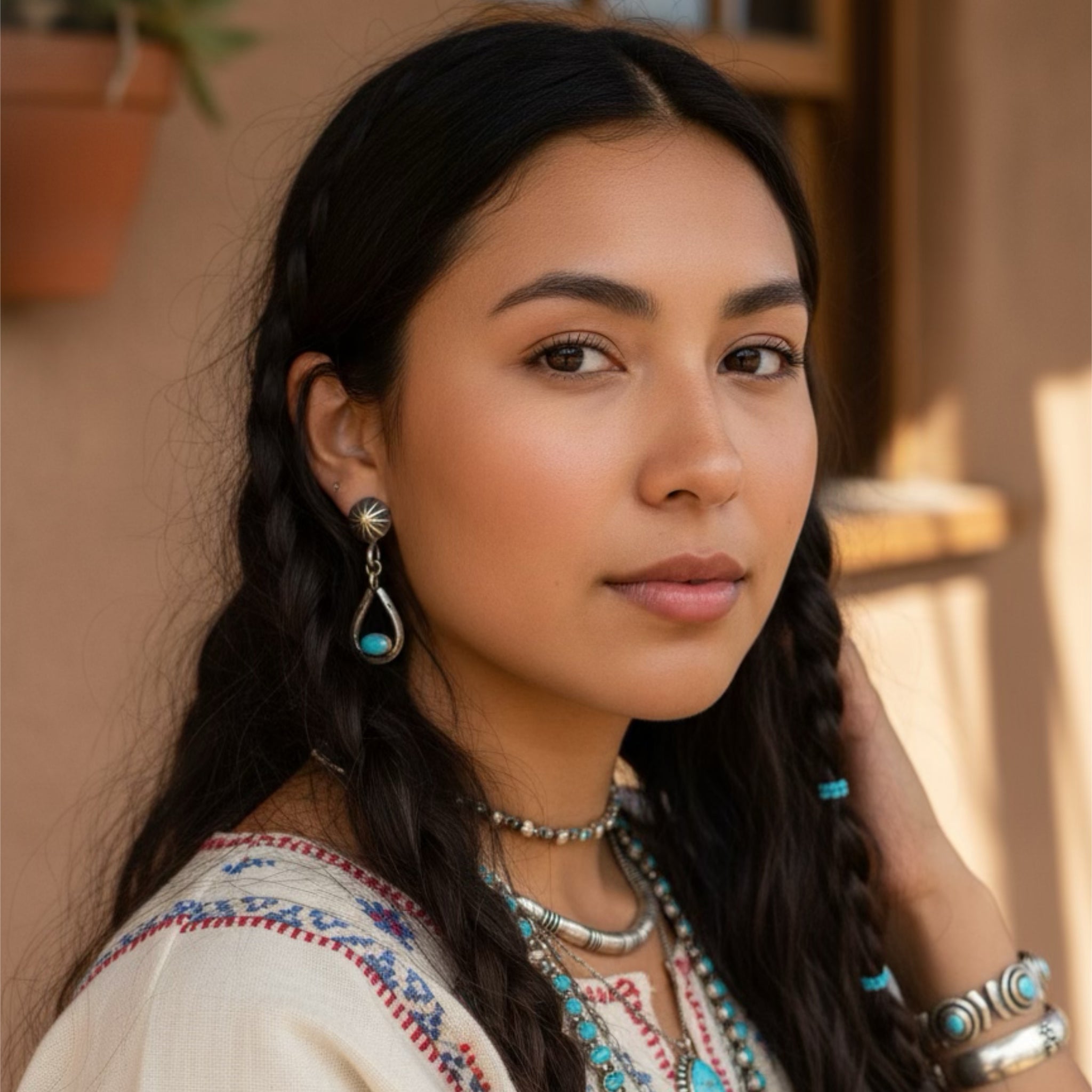 Kingman Turquoise Cowgirl Earrings Sterling Horseshoe Stirrup Design