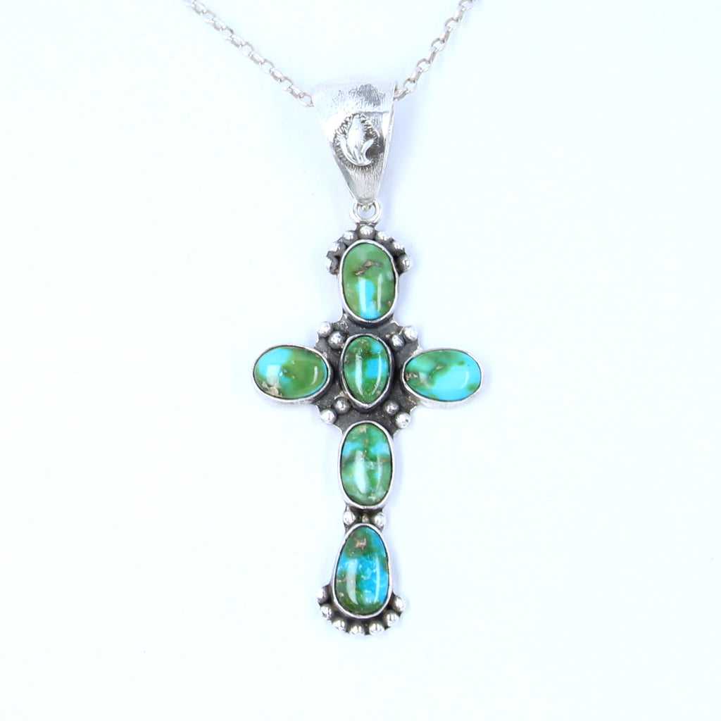 Sonoran Mountain Blue Green Turquoise Cross Pendant Sterling Silver Santa Fe