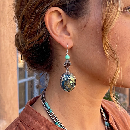 AAA Nevada Black Jack Turquoise Earrings Sterling Dangles Unique