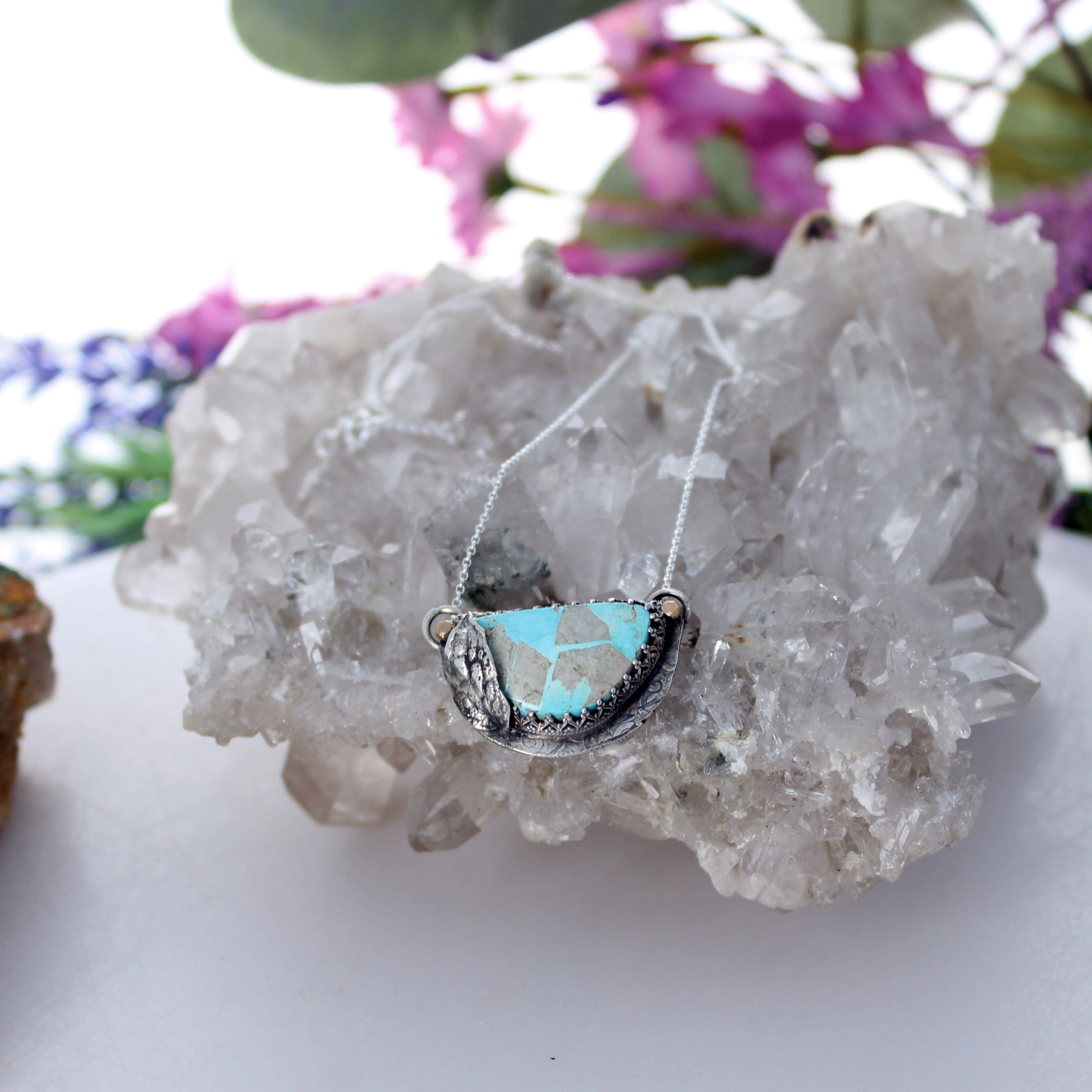 Royston Turquoise Moon Pendant Decorative 18K Gold and Sterling Necklace