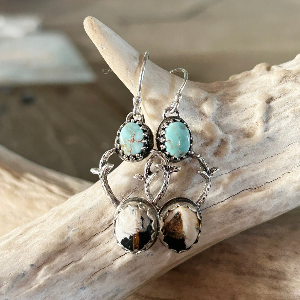 White Buffalo and Dry Creek Turquoise Earrings Sterling Silver Deer with Antlers