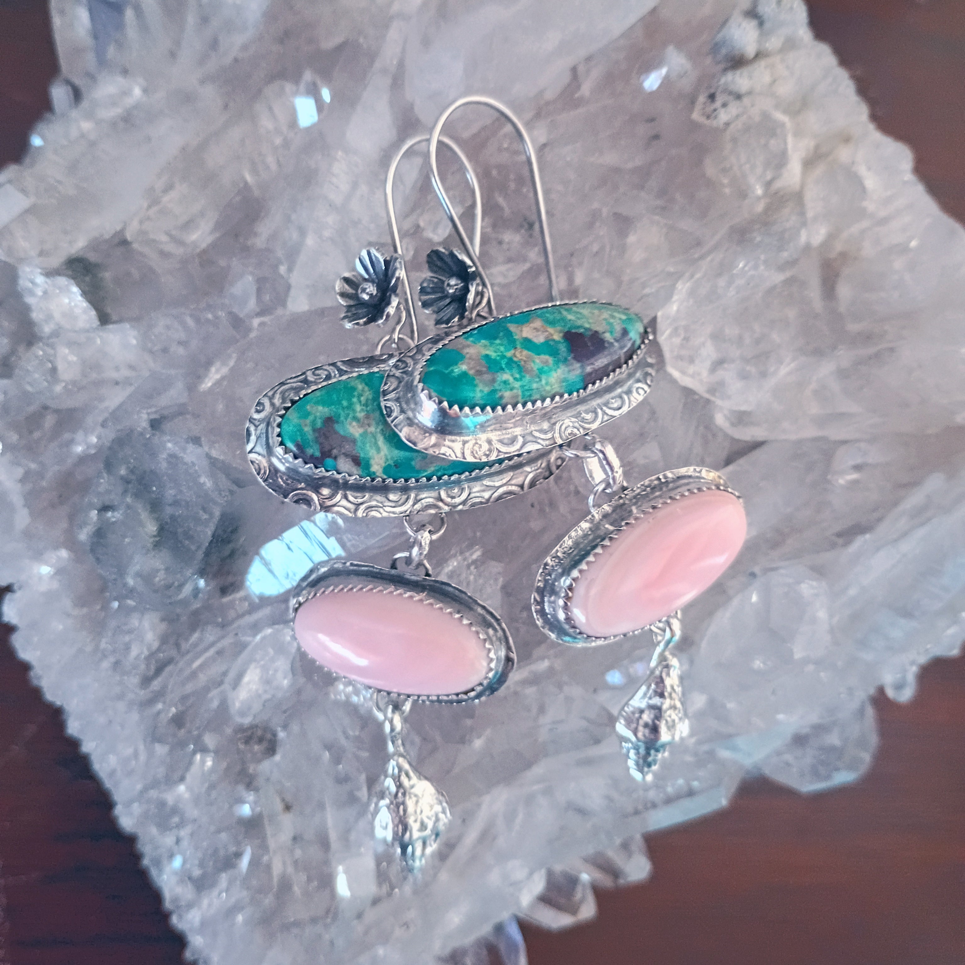 AAA Blue Royston Turquoise and Pink Conch Shell Earrings Sterling Silver Shells