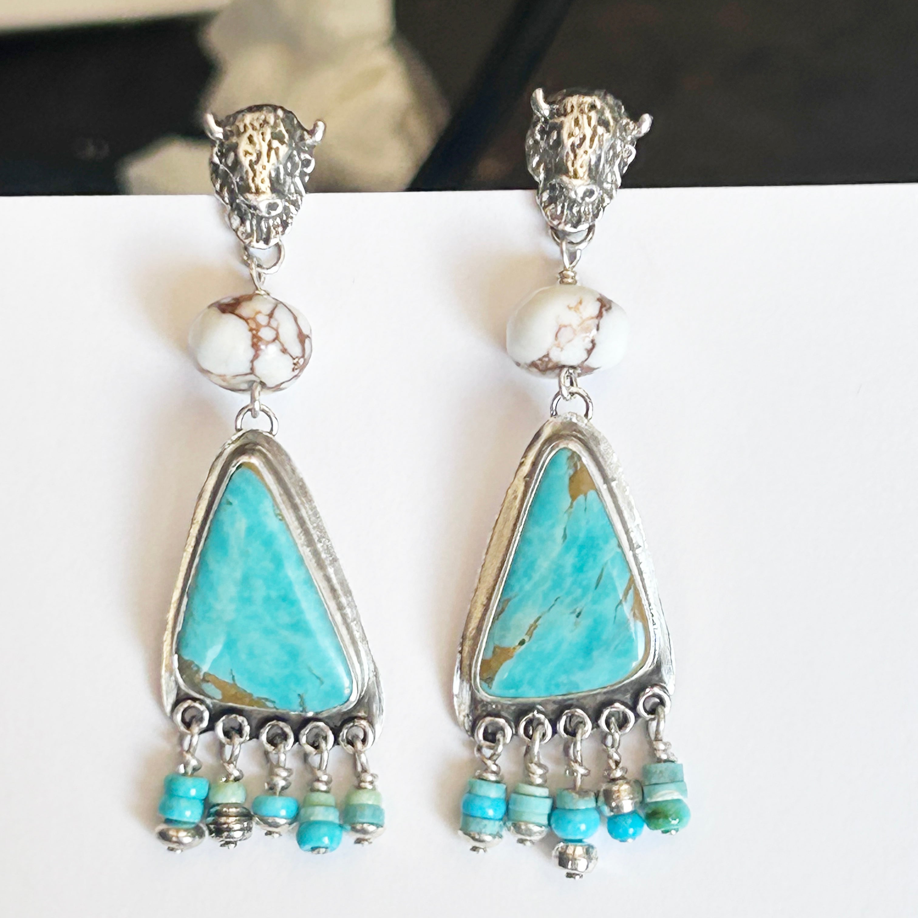 Dancing Buffalo Head Royston Turquoise Earrings Southwest Sterling 2.6"