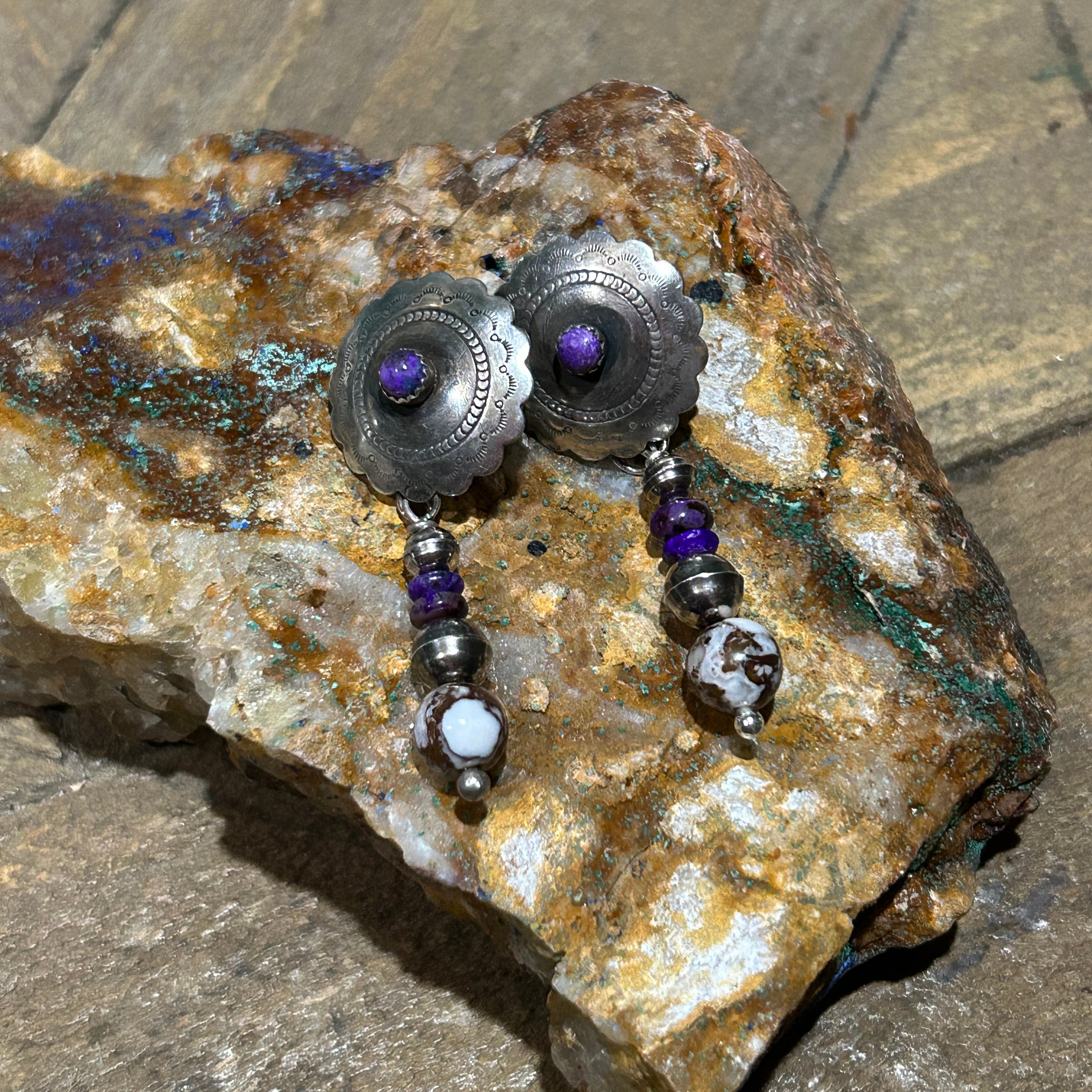 Sugilite Earrings Concho Style Sterling with Wild Horse Jasper