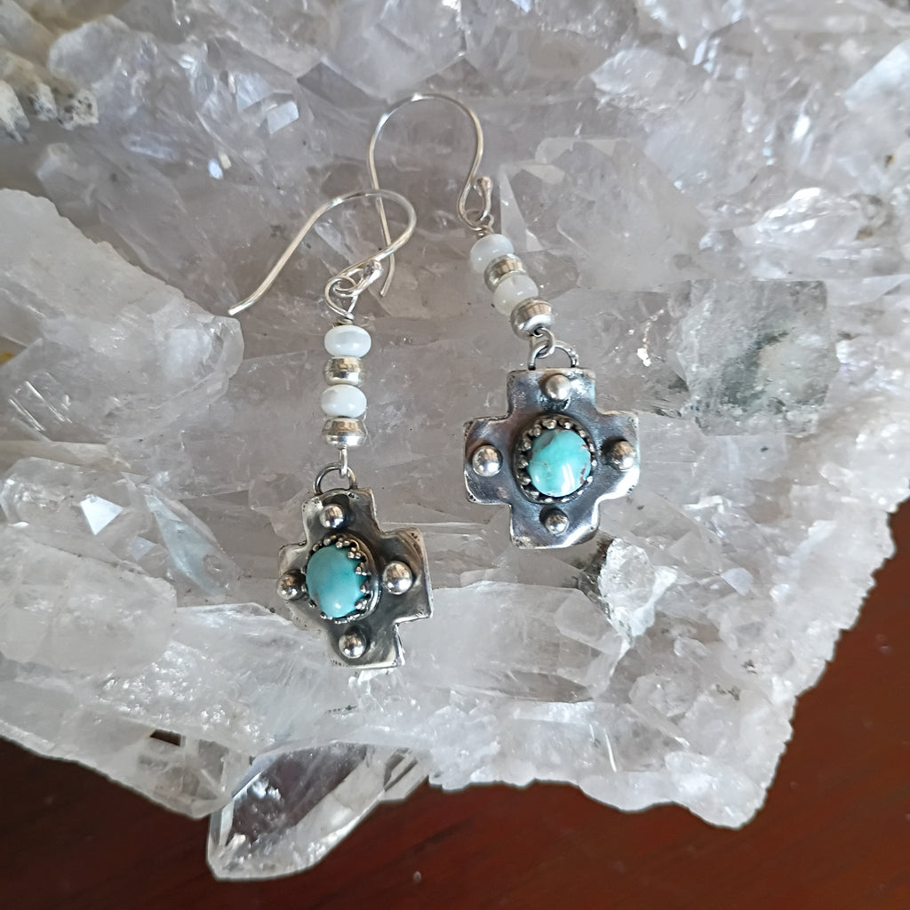 RARE DRY CREEK Turquoise Cross Earrings Sterling Silver Southwestern Boho