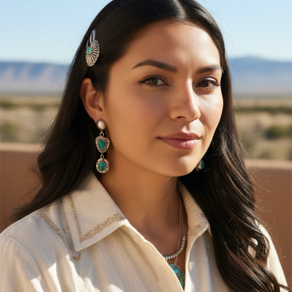 Teal Blue Fox Turquoise 2 Stone Earrings Sterling Silver