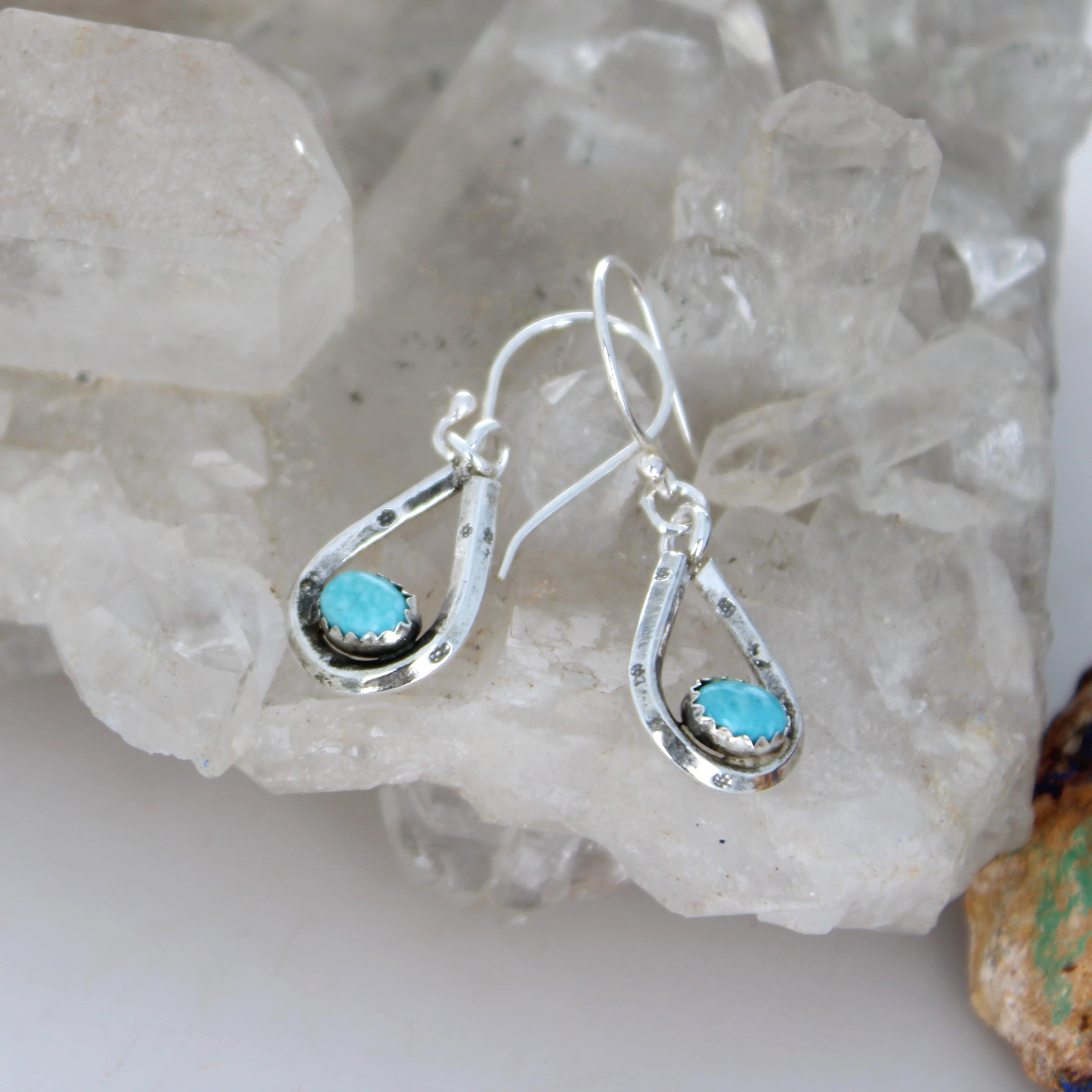 Kingman Turquoise Cowgirl Earrings Sterling Horseshoe Stirrup Design