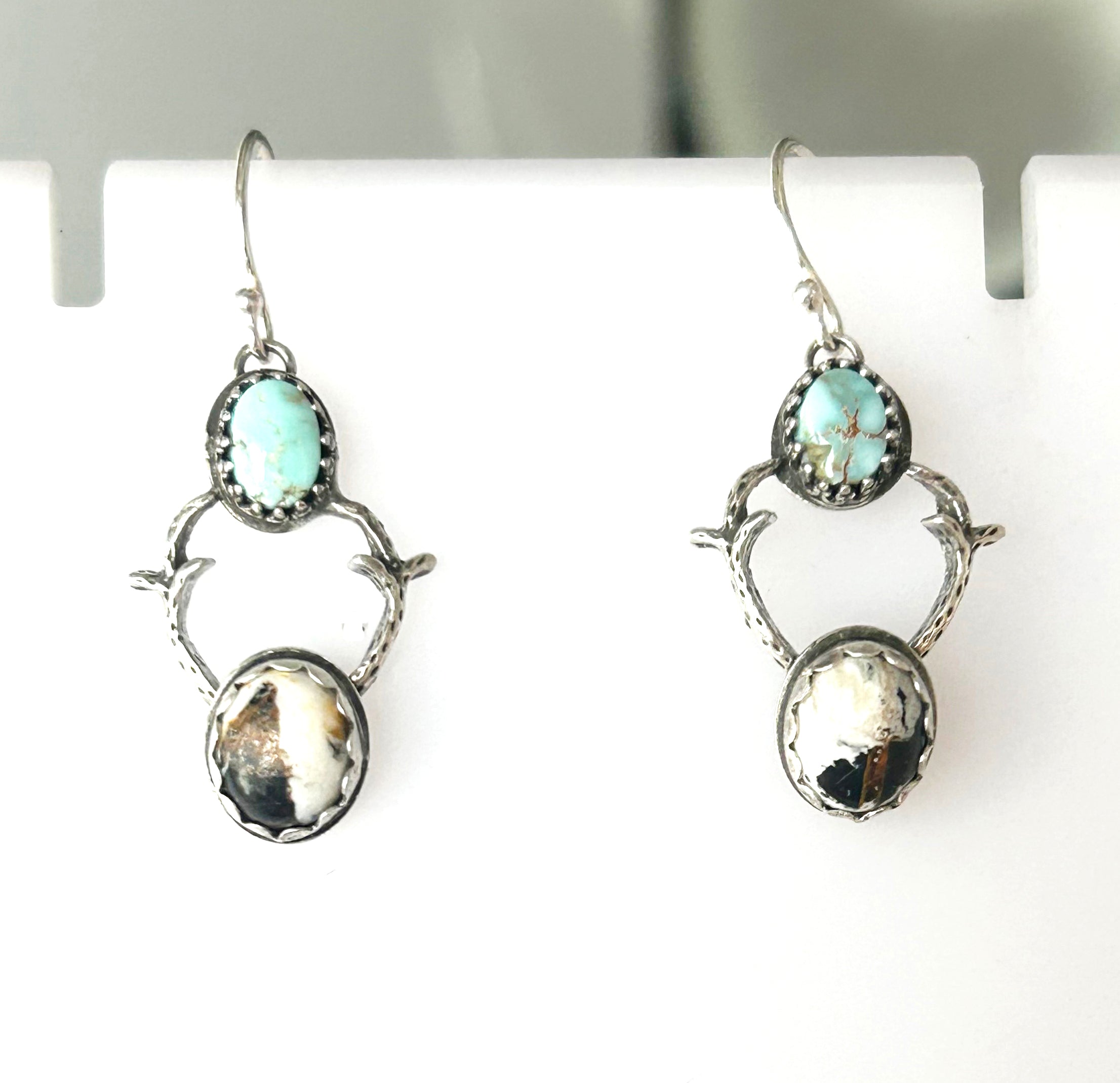 White Buffalo and Dry Creek Turquoise Earrings Sterling Silver Deer with Antlers