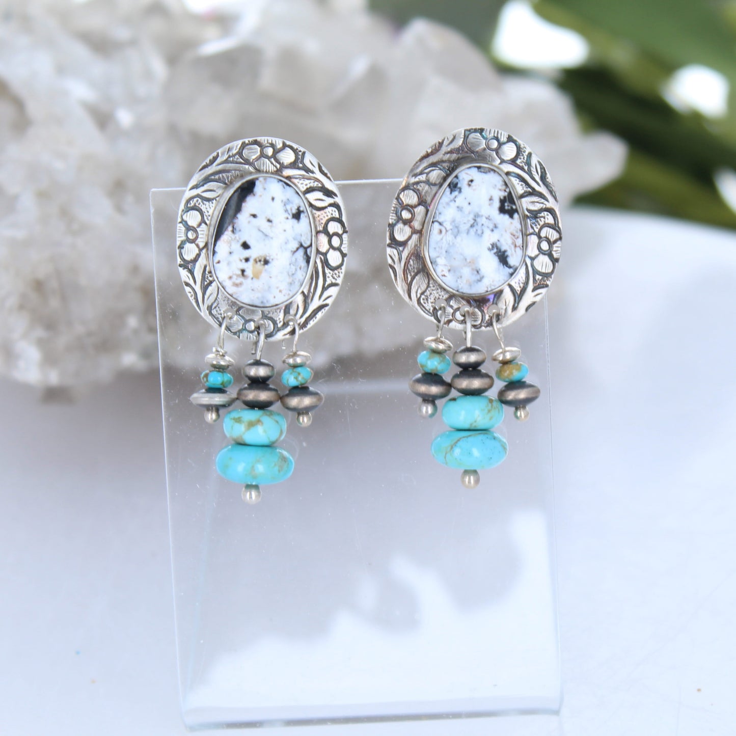 Dramatic White Buffalo and #8 mine Turquoise Earrings Patterned Sterling