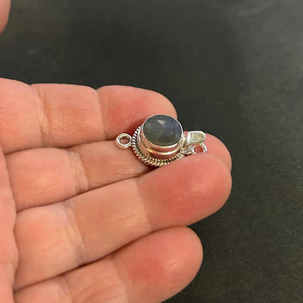 Faceted Steel Blue Green SAPPHIRE CLASP 11mm Sterling Silver Handmade